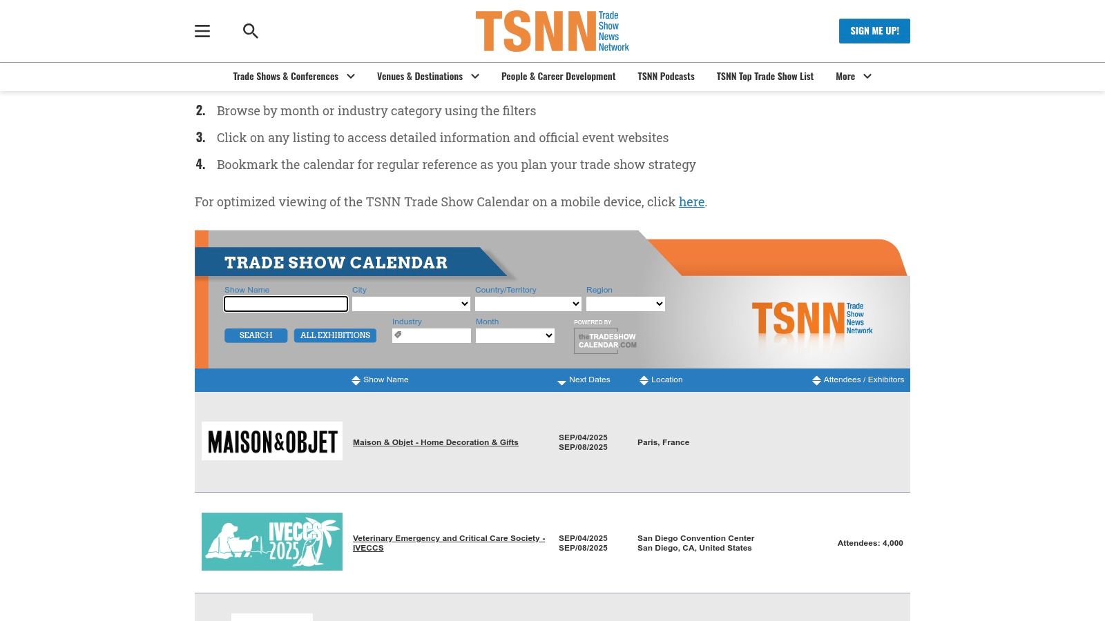 TSNN Trade Show Calendar (Trade Show News Network)