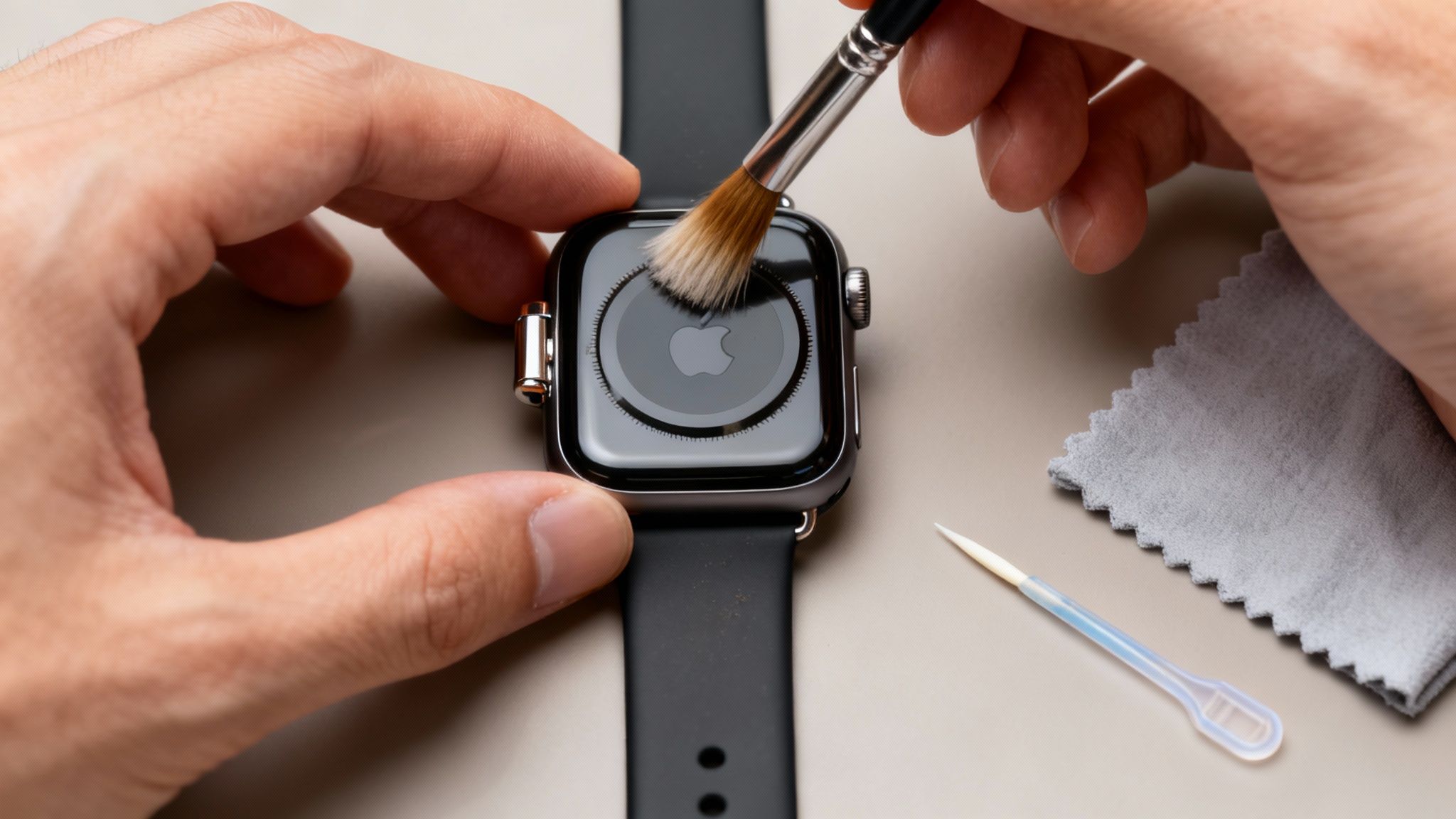 Close-up of hands cleaning an Apple Watch with a small brush and cloth.