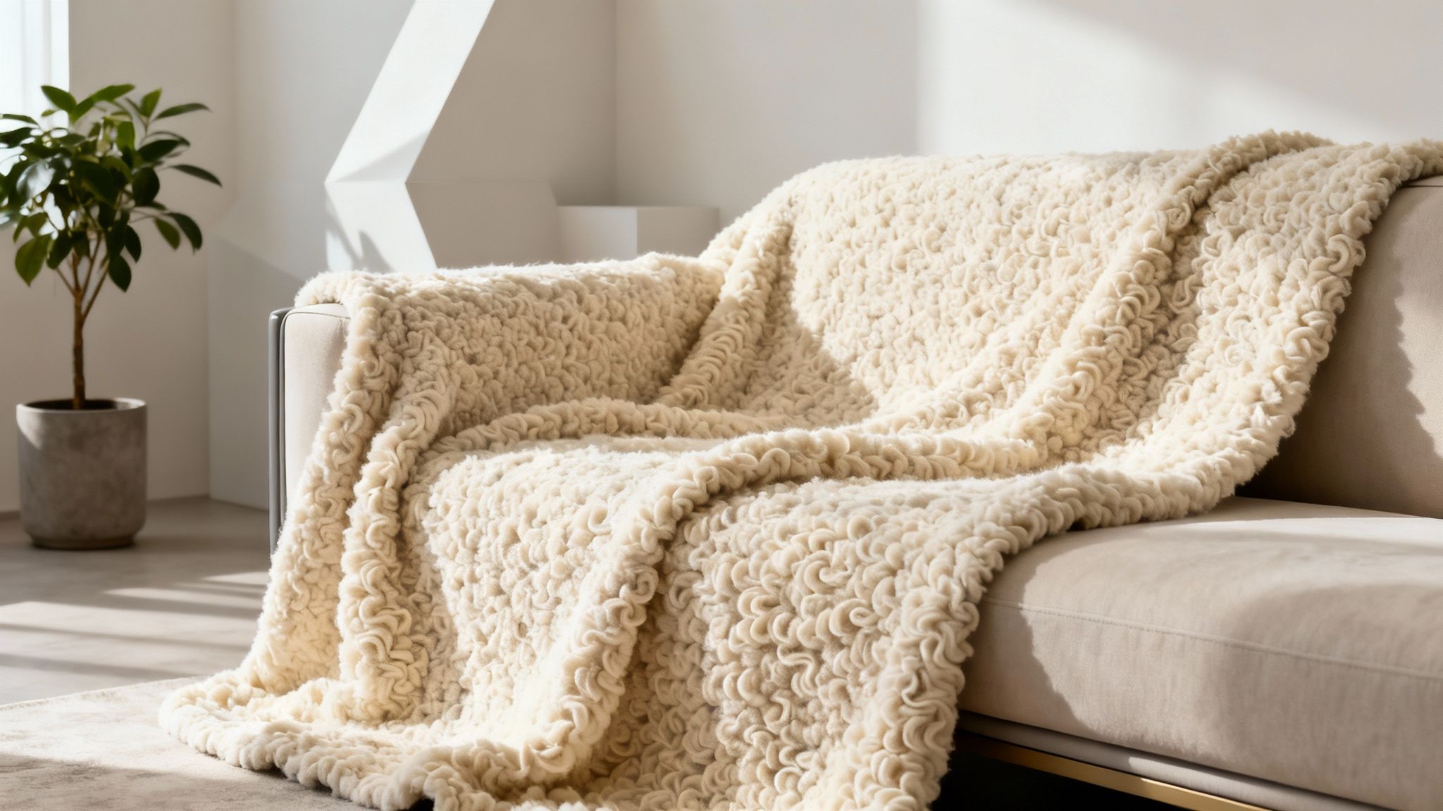 A cozy cream sofa adorned with a plush, textured bouclé throw blanket in a sunlit modern living room.