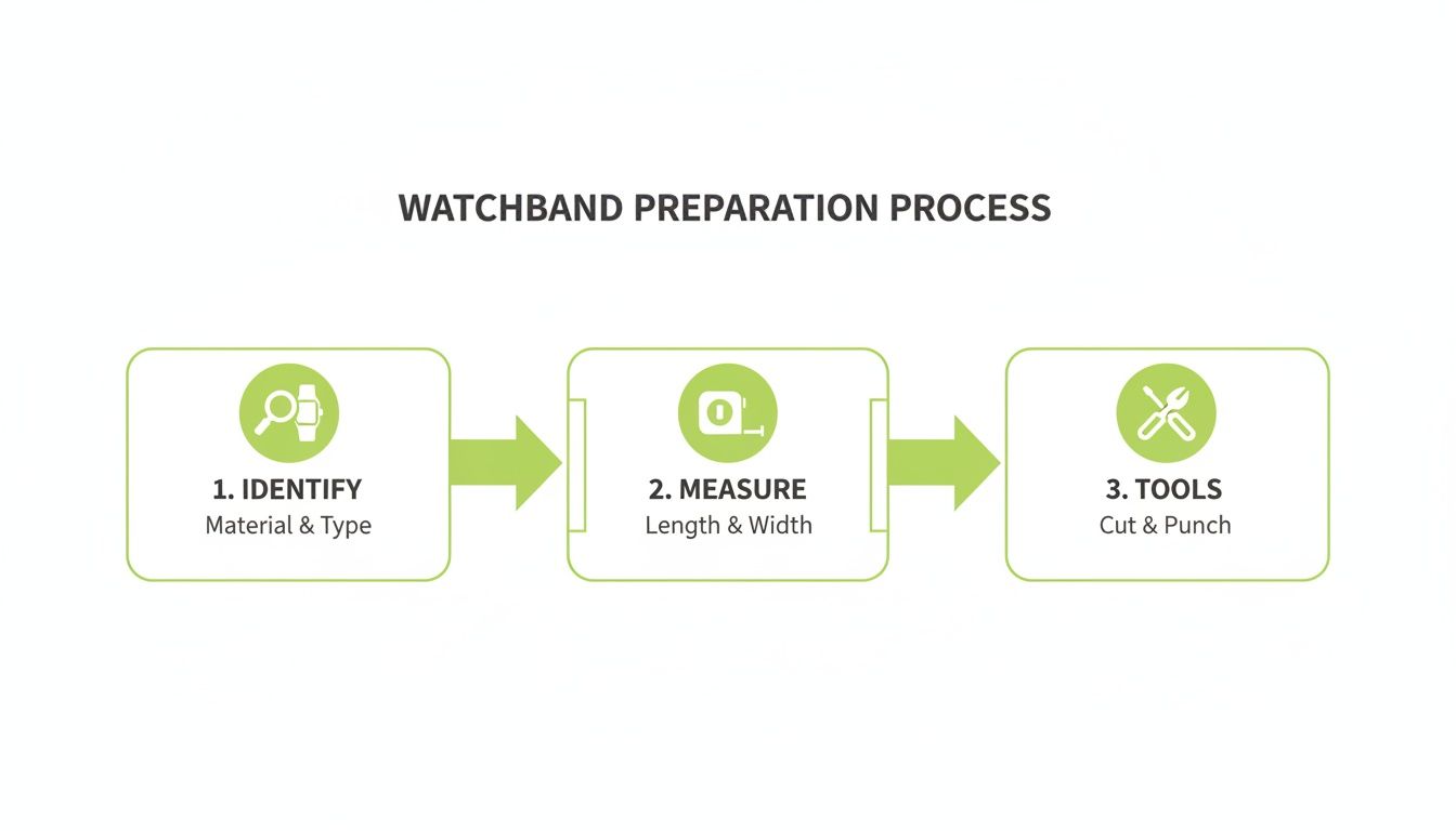 A three-step watchband preparation process diagram showing identification, measurement, and tool usage.