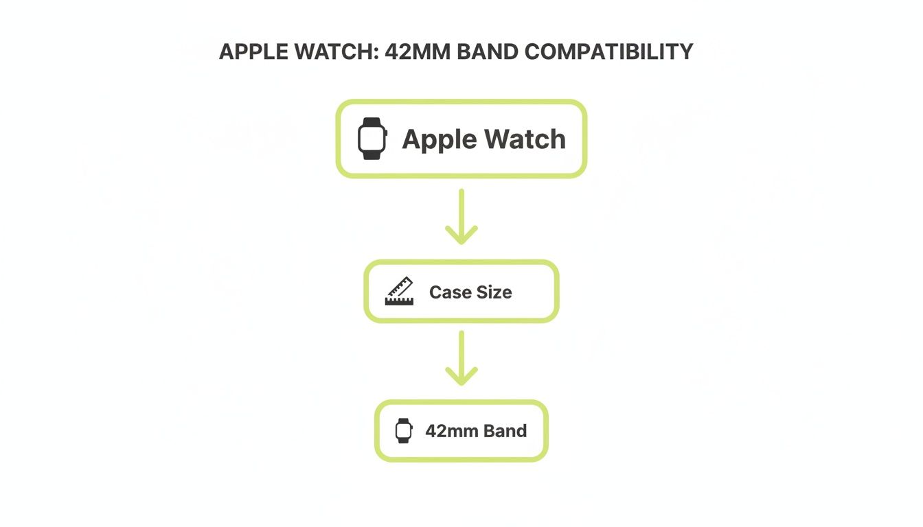 Flowchart illustrating Apple Watch 42mm band compatibility, showing the progression from Apple Watch to case size, then to 42mm band.
