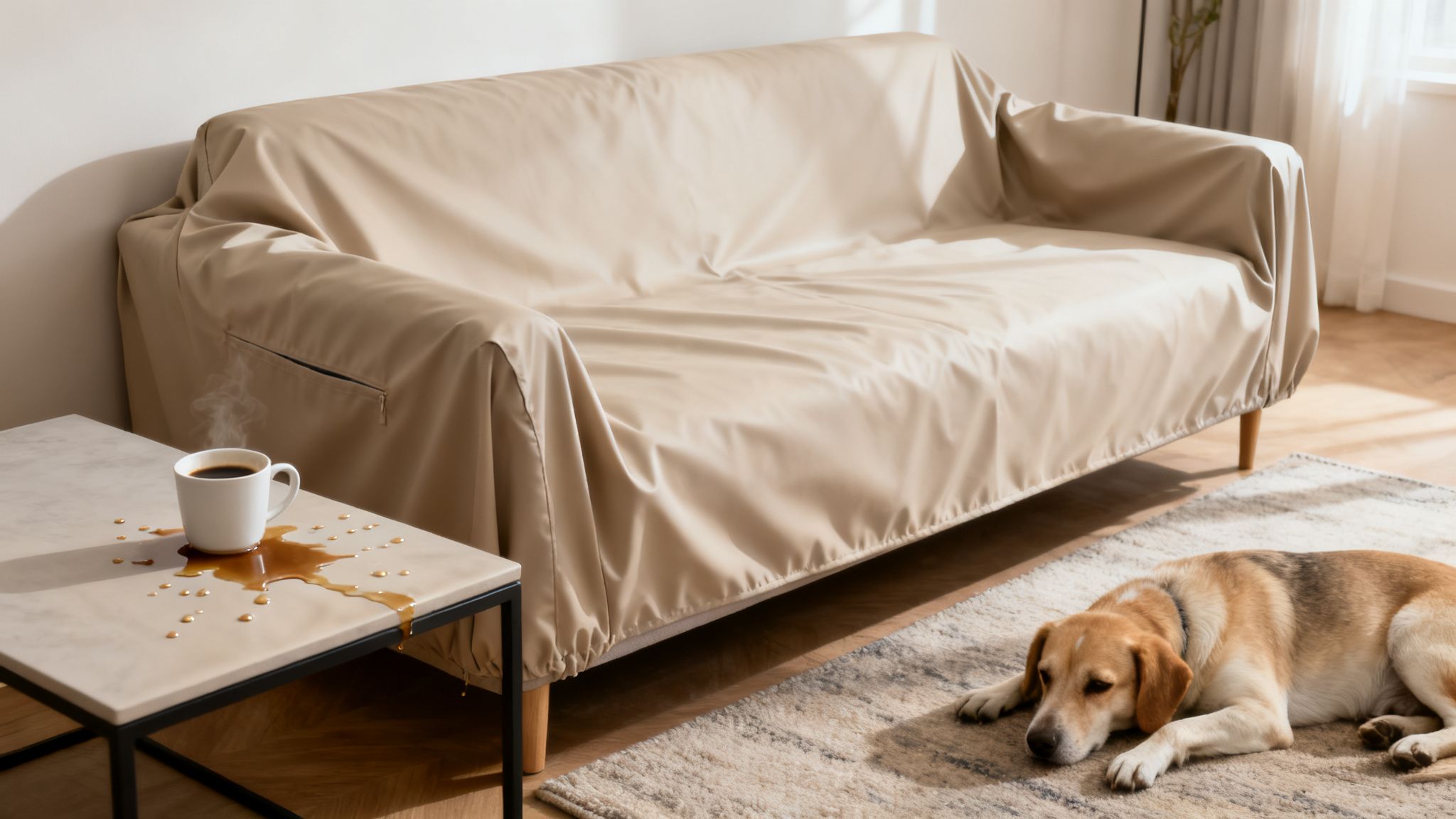 A beige waterproof couch slipcover protecting a sofa from spilled coffee on a side table, with a dog resting on a rug.