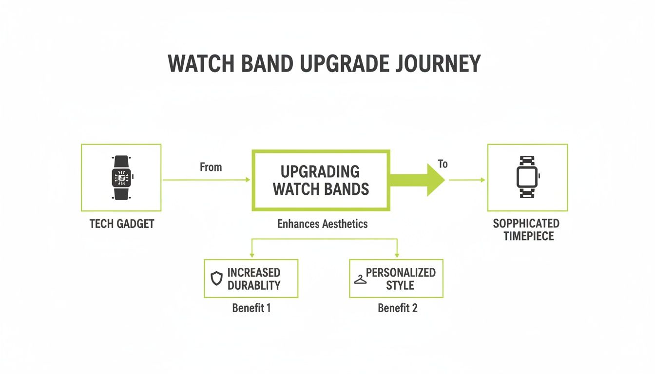 Watch band upgrade journey infographic: transforming a tech gadget into a sophisticated timepiece with benefits.