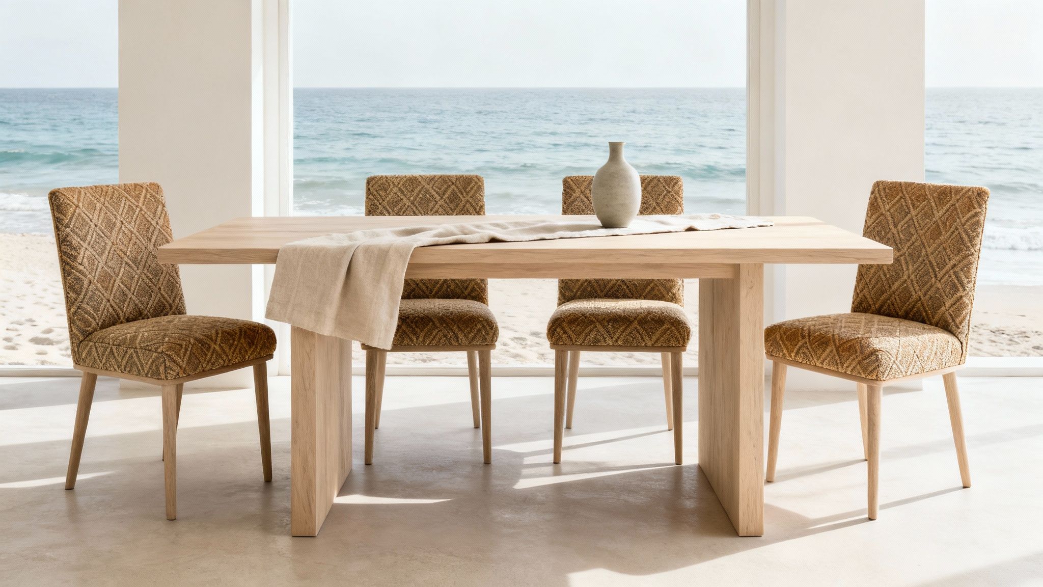 A light wood dining table with four patterned chairs, a runner, and vase, overlooking a serene beach and ocean.