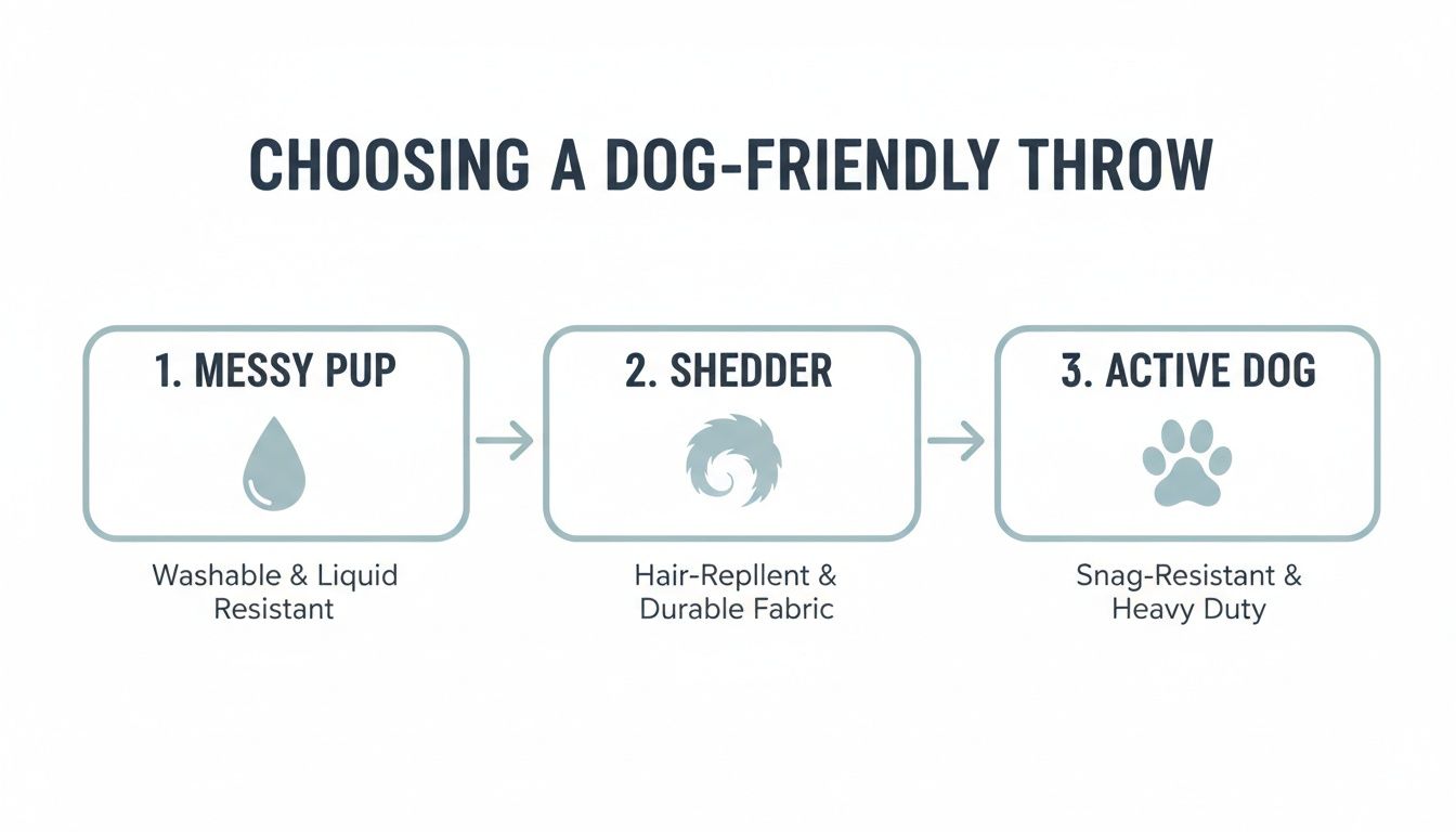 Guide for choosing dog-friendly throws, highlighting features for messy pups, shedders, and active dogs.