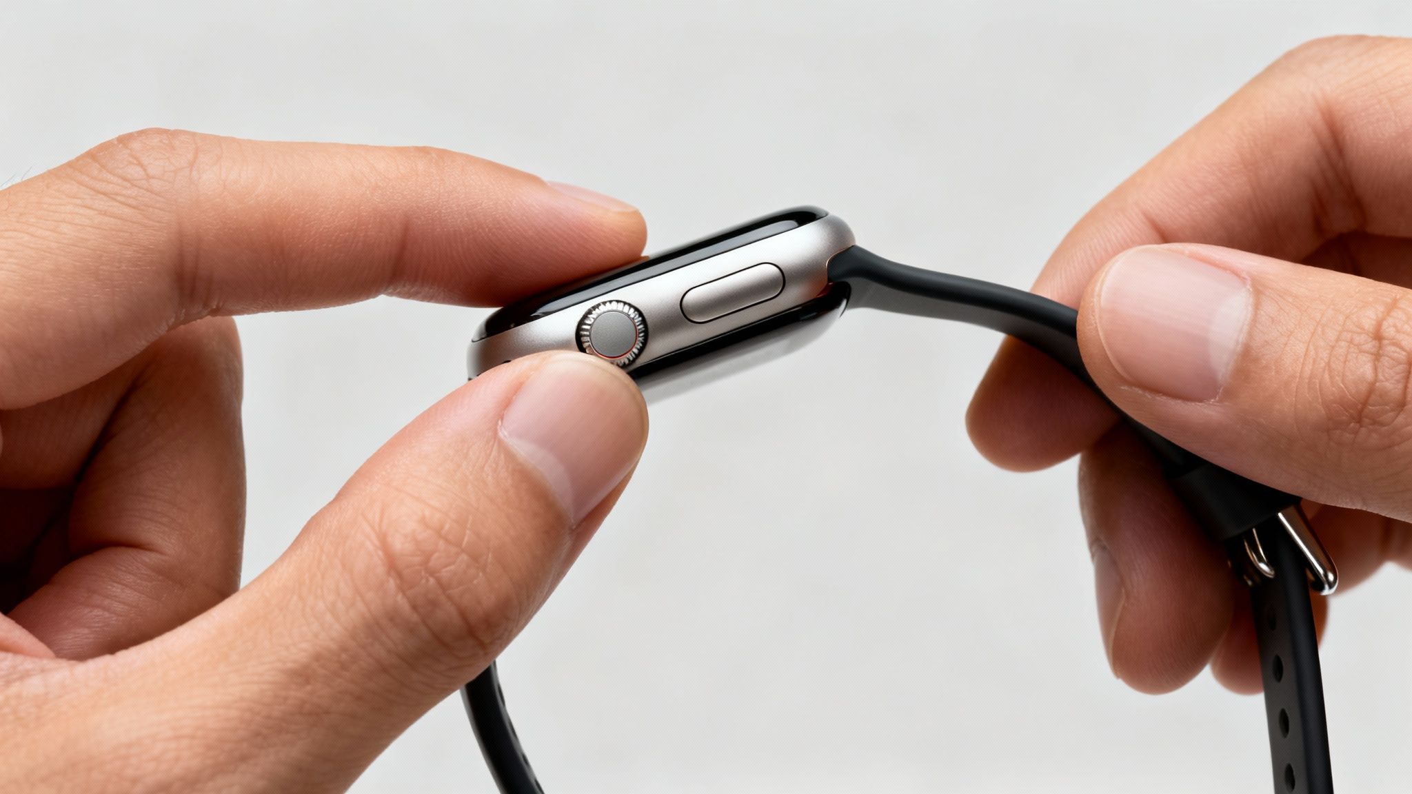 Close-up of hands holding an Apple Watch, showing its digital crown and side button.
