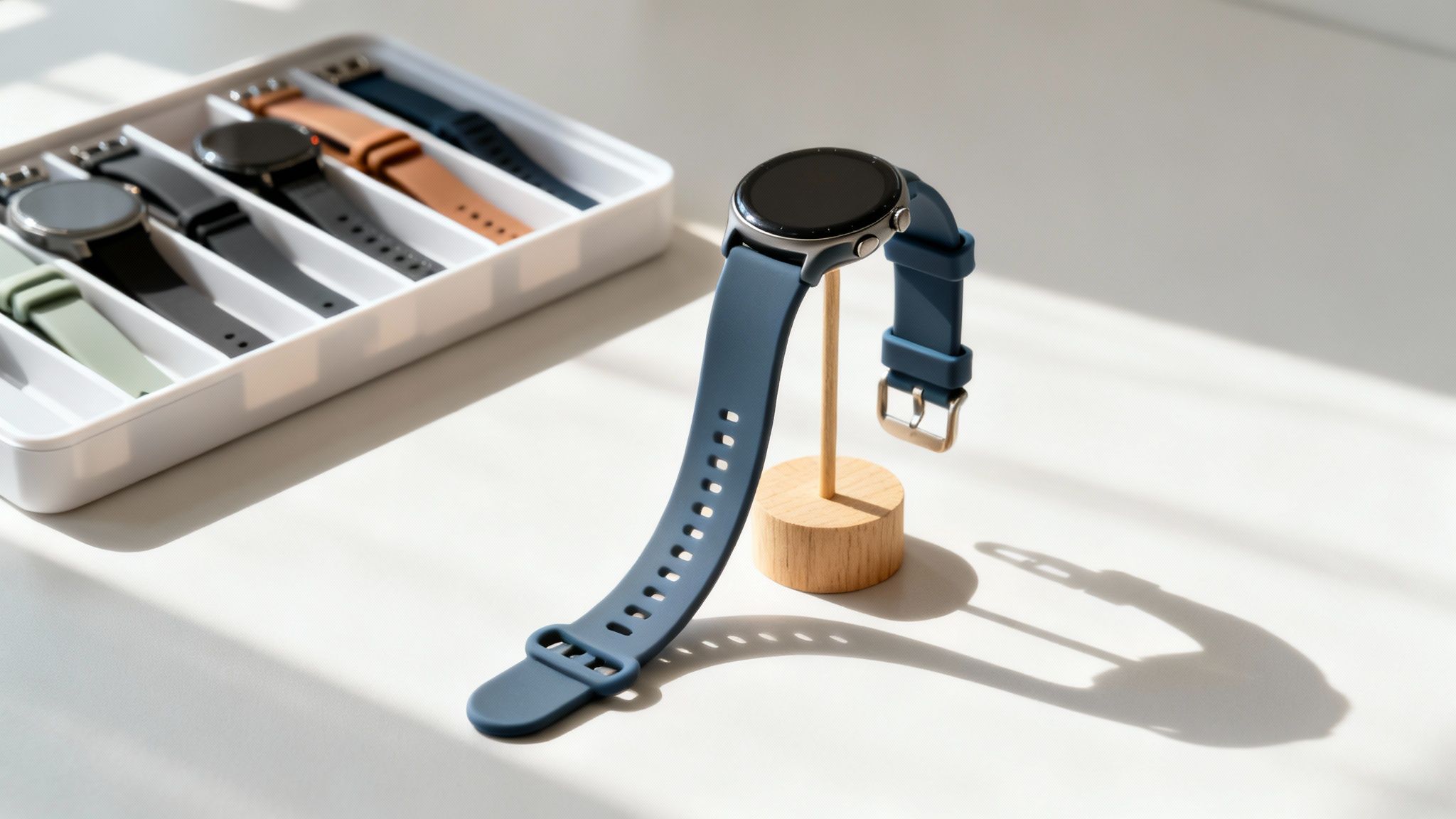 A modern blue smartwatch with a silicone band displayed on a stand, next to a tray of colorful watch straps.