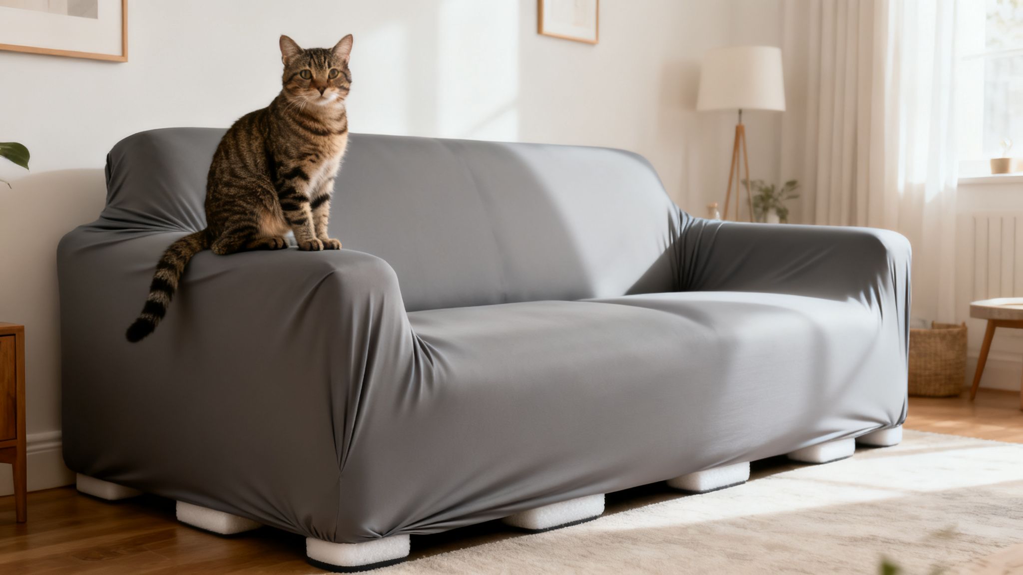 A tabby cat sits alertly on a sleek gray sofa cover in a sunlit living room.