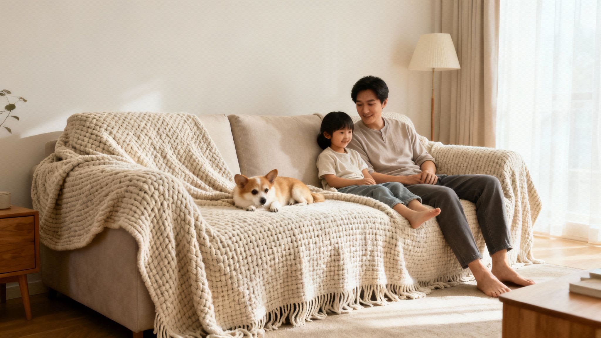A man, child, and corgi dog sit on a sofa covered with a cozy cotton throw blanket.