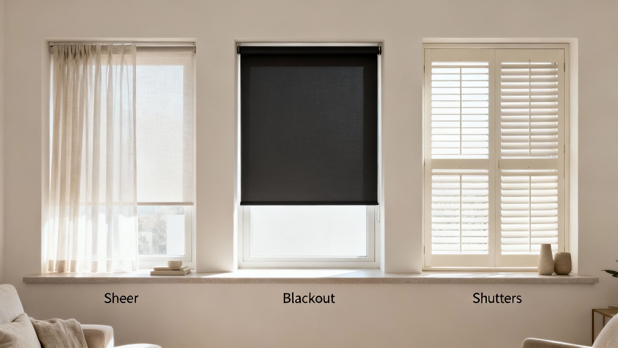 Three windows showcasing sheer, blackout, and shutter treatments, demonstrating different light control options.