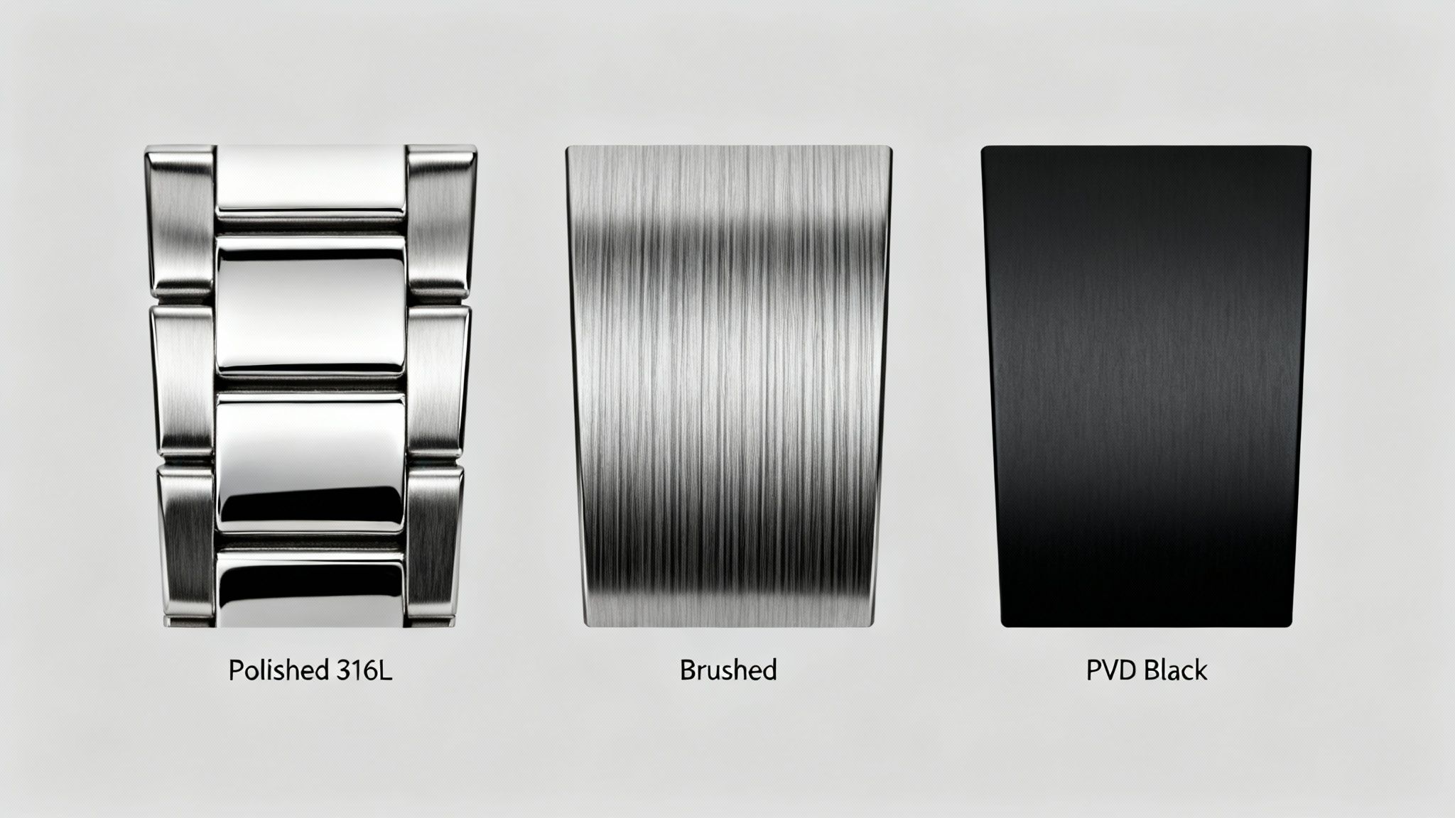 Three metal watch band samples displaying polished 316L, brushed, and PVD black finishes.