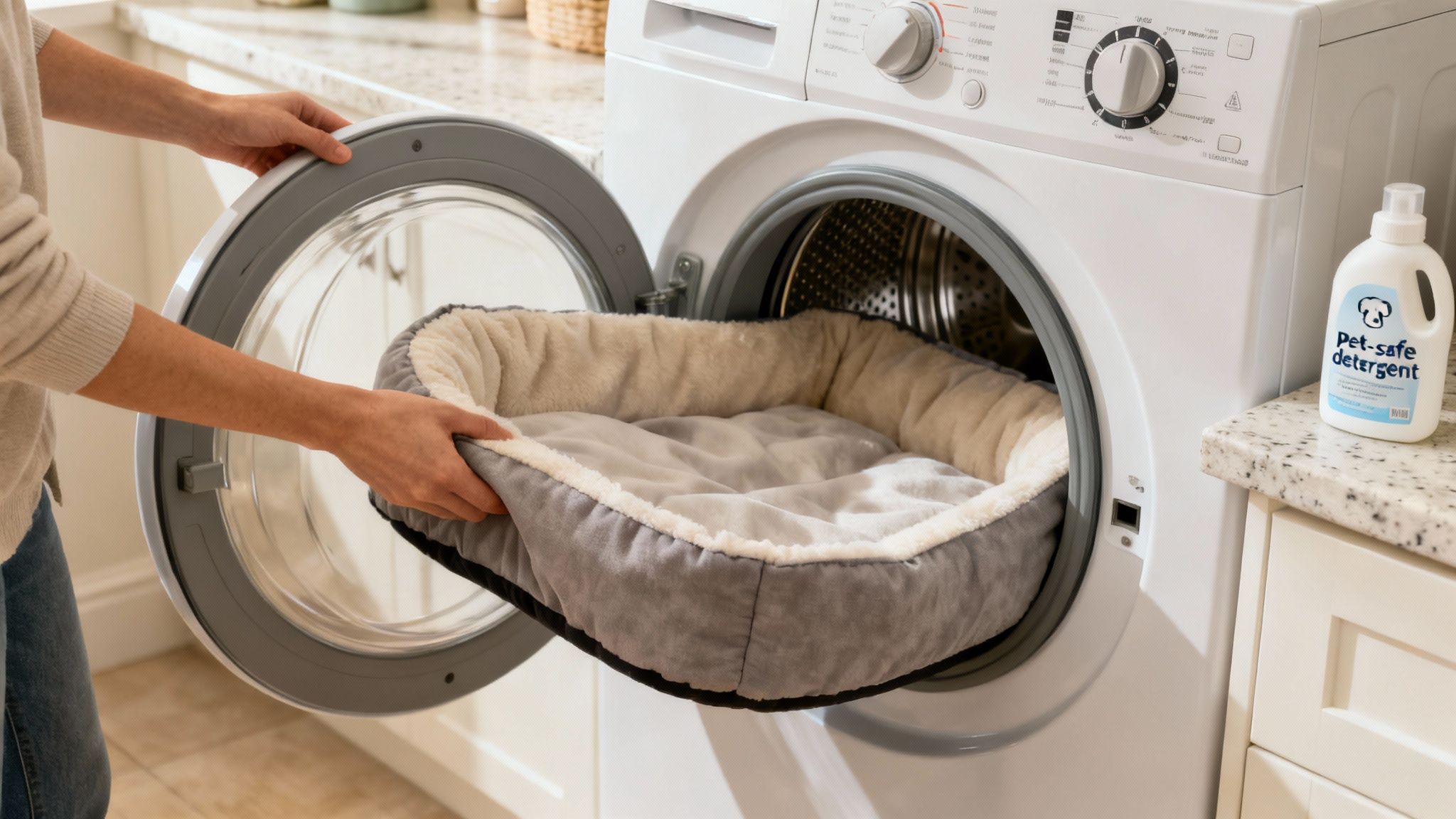A person loads a fluffy grey dog bed into a front-load washing machine with pet-safe detergent.