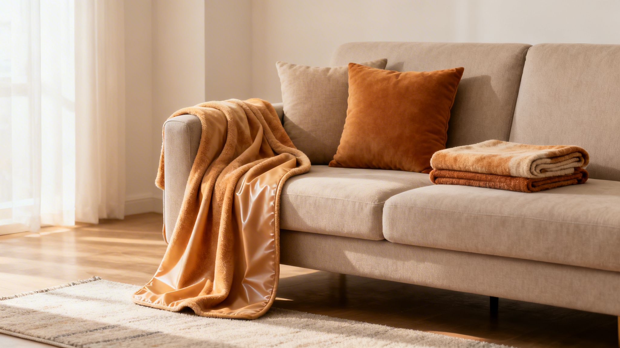 A cozy beige sofa with warm orange and beige blankets and decorative pillows in a bright room.