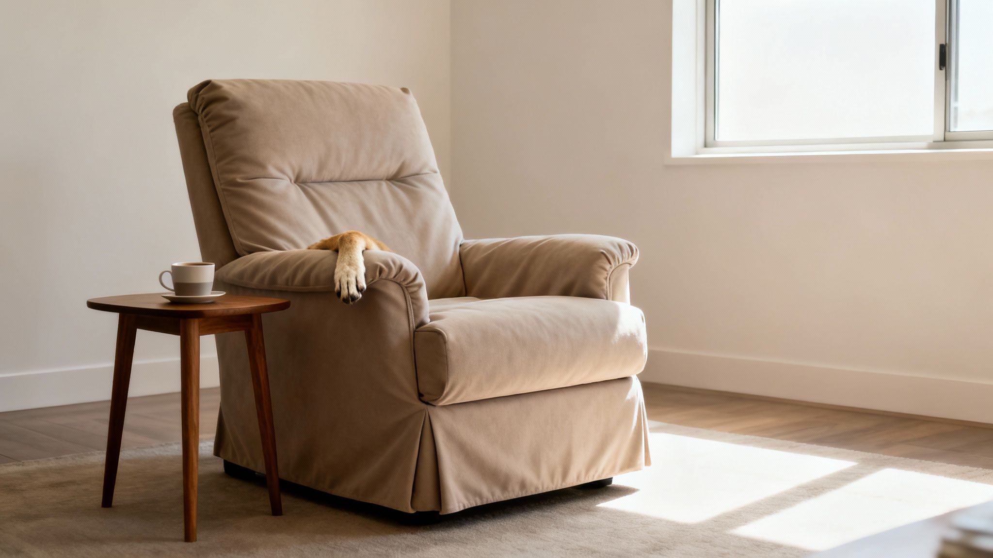 A cozy living room scene with a beige recliner chair, a dog's paw, and a coffee cup.