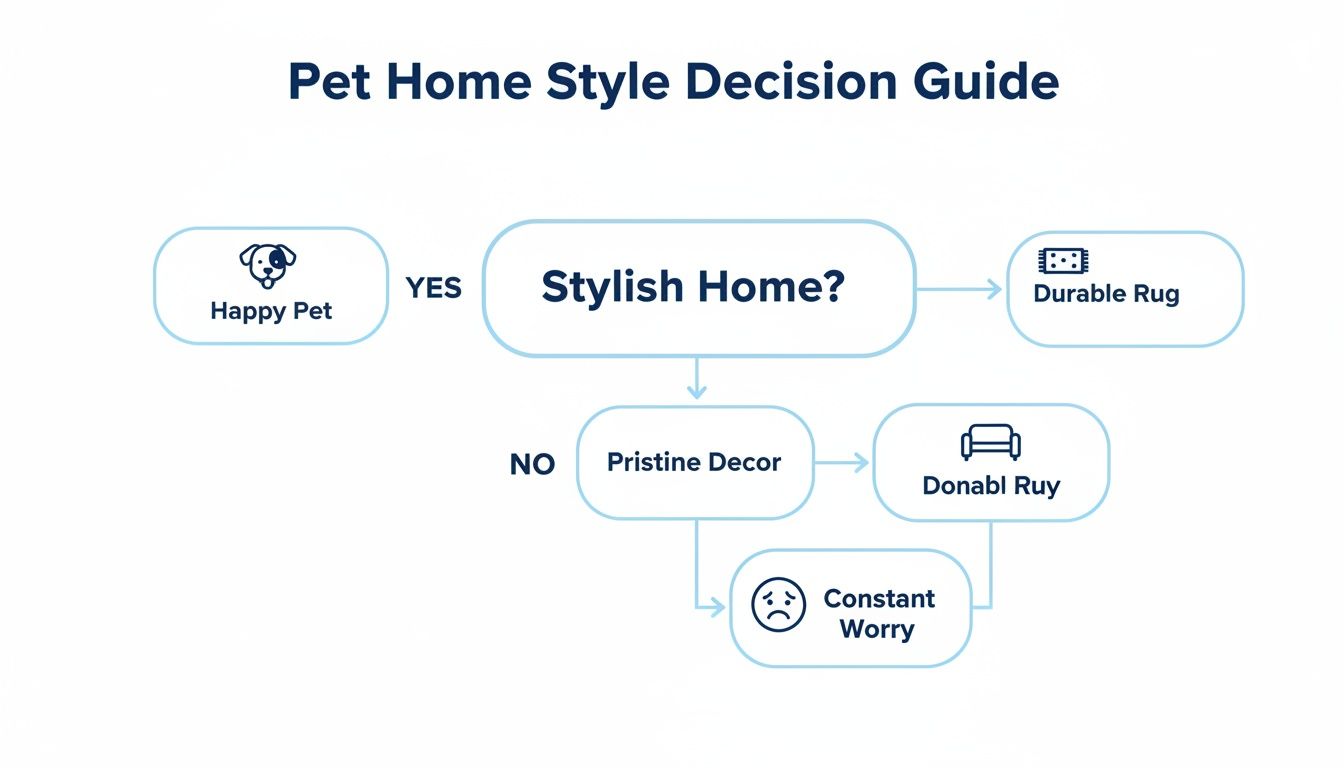 Flowchart illustrating a pet home style decision guide, exploring choices for stylish pet-friendly decor.