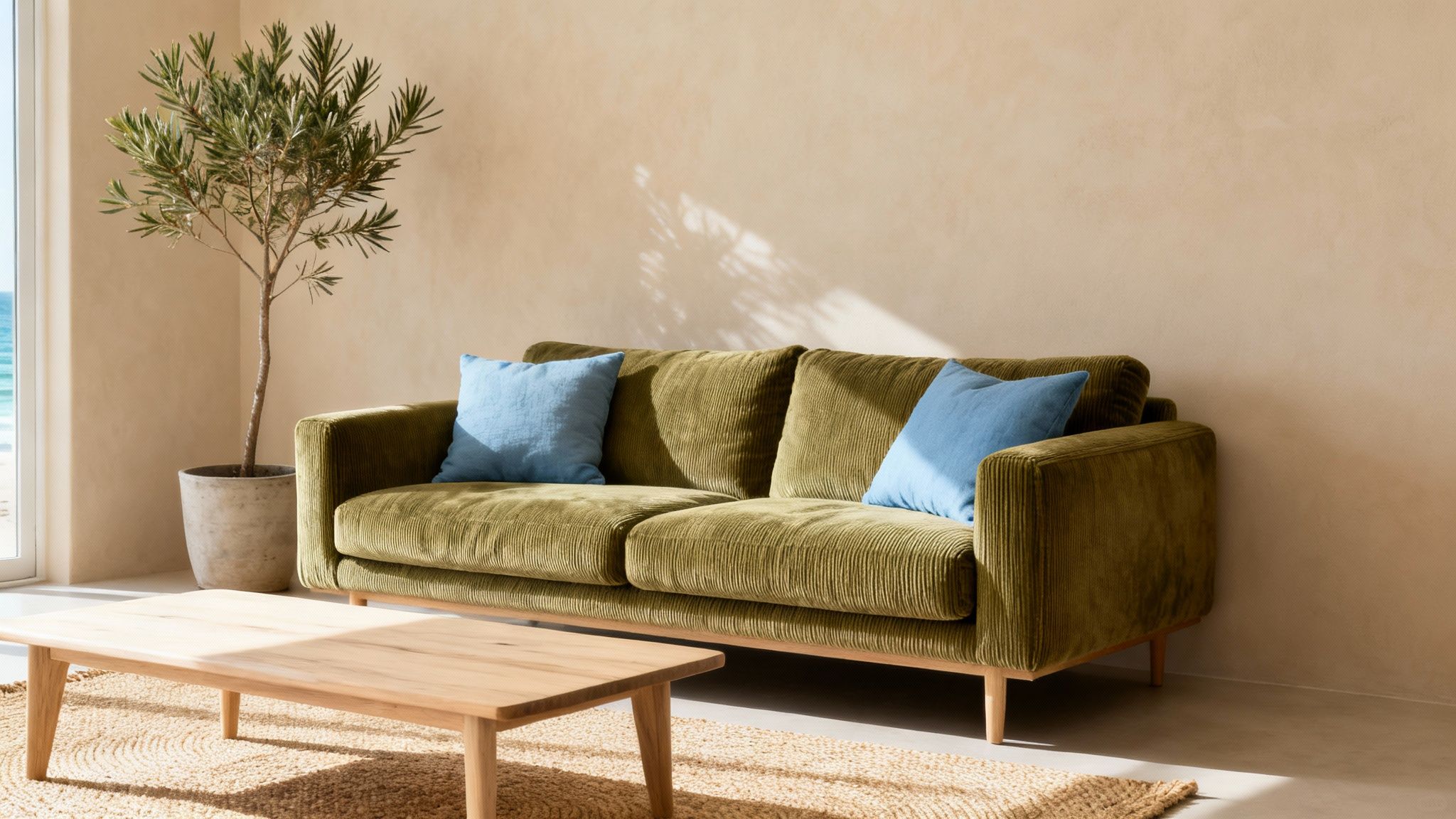 A cozy living room featuring a green corduroy couch with blue pillows, a plant, and a wooden coffee table.