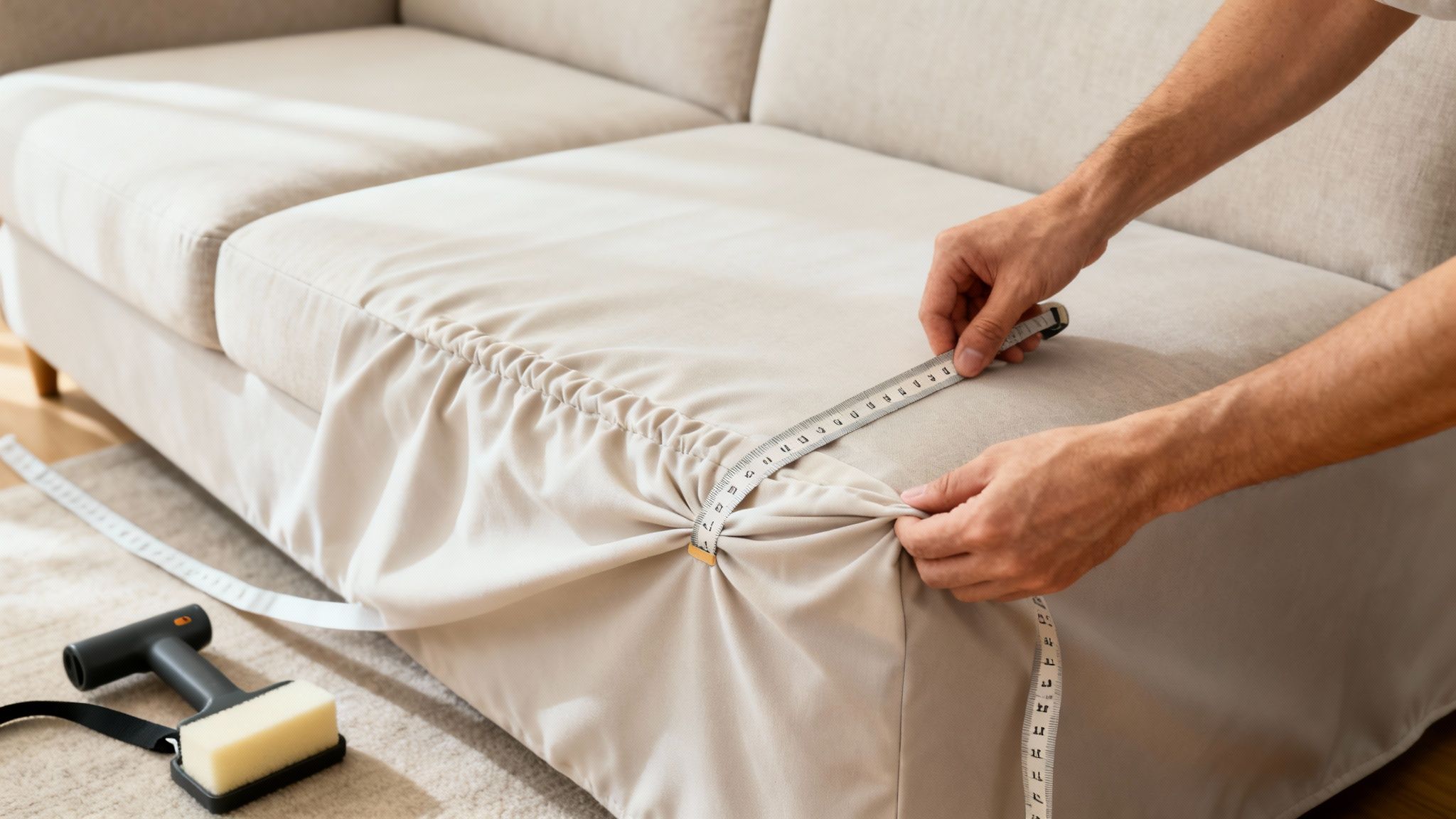 Hands measure a beige, elasticized sofa cover on a couch with a tape measure.