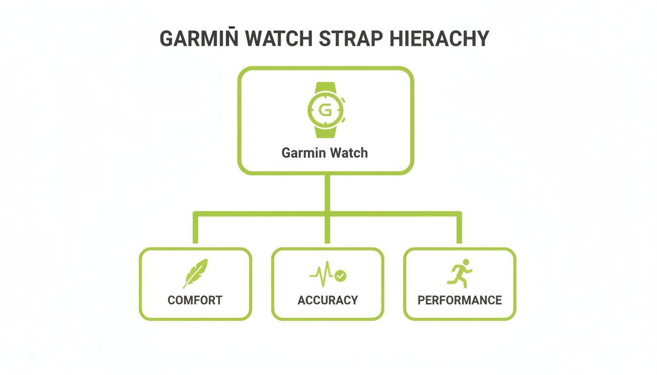Hierarchy diagram showing Garmin Watch straps categorized by comfort, accuracy, and performance.
