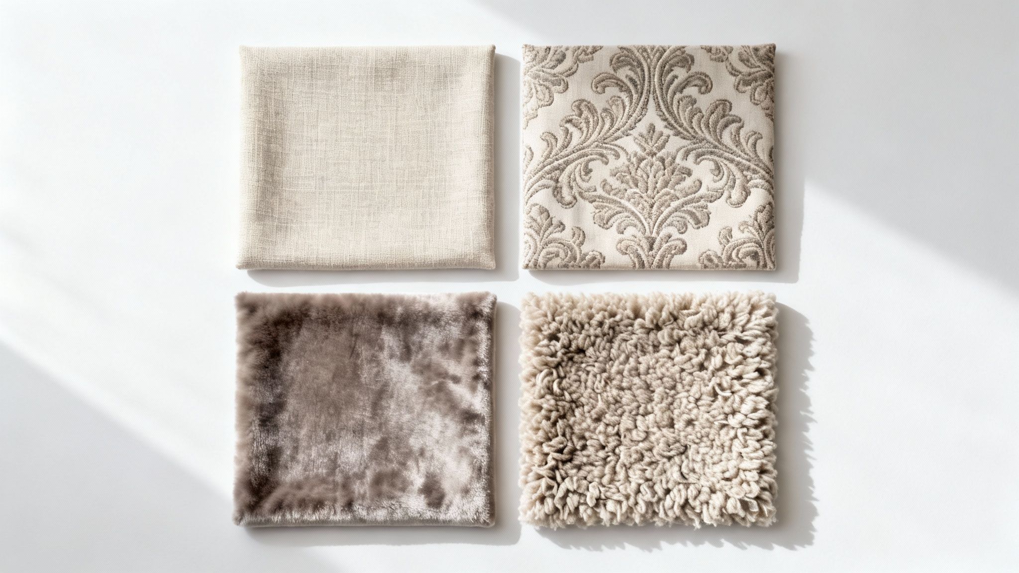 A top-down view of four square fabric samples displaying various textures and patterns in neutral colors.