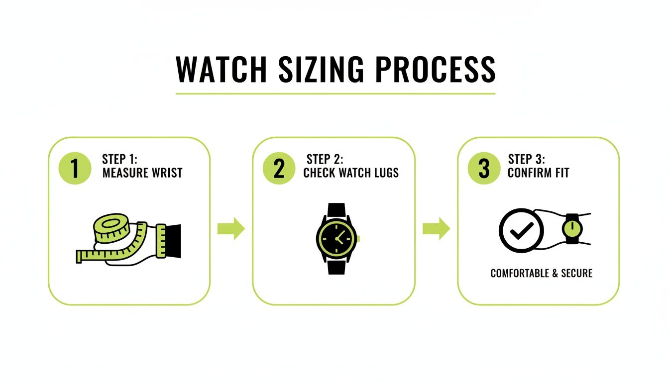 Infographic illustrates a 3-step watch sizing process: measure wrist, check lugs, and confirm comfortable fit.