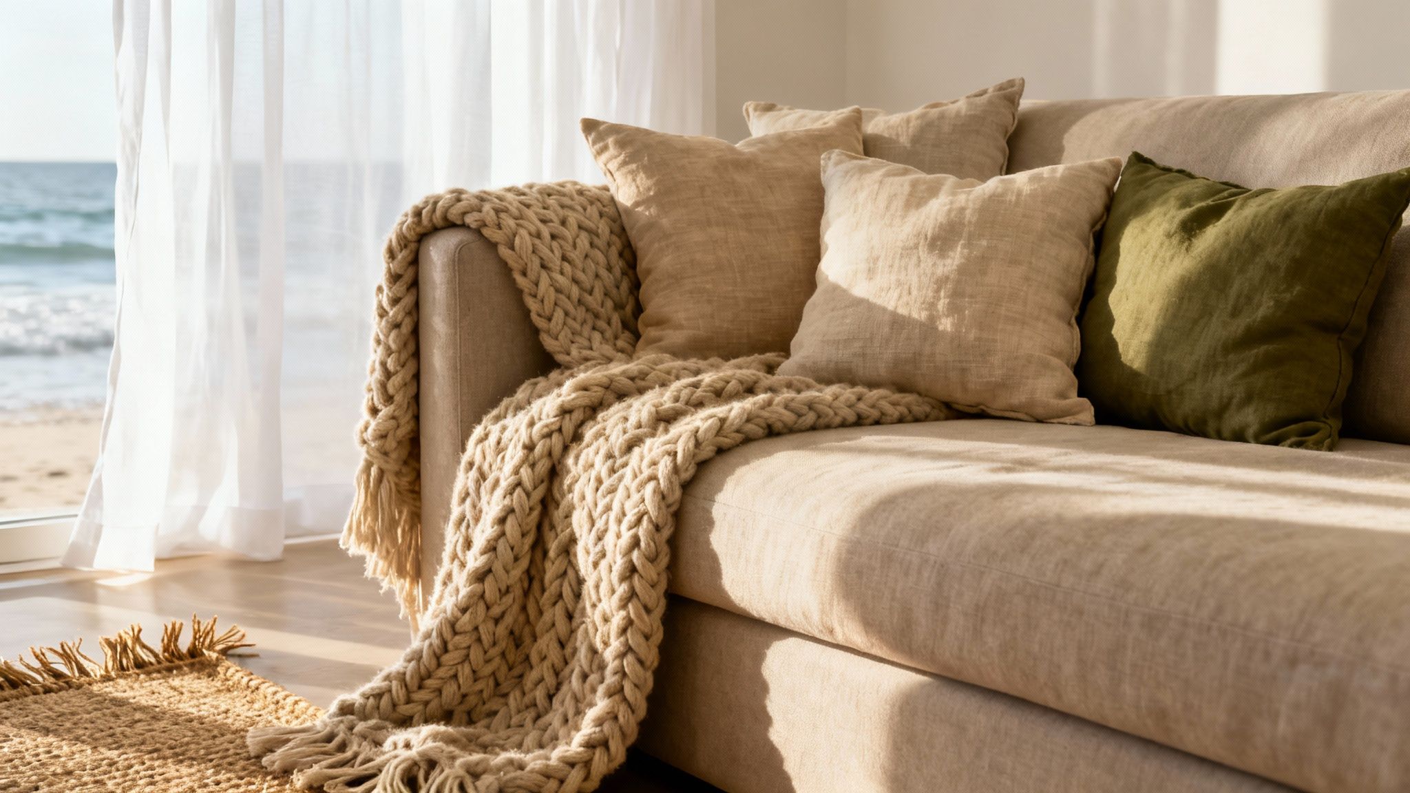 A cozy, sunlit living room with a beige sofa, neutral cushions, and a knit blanket by the sea.