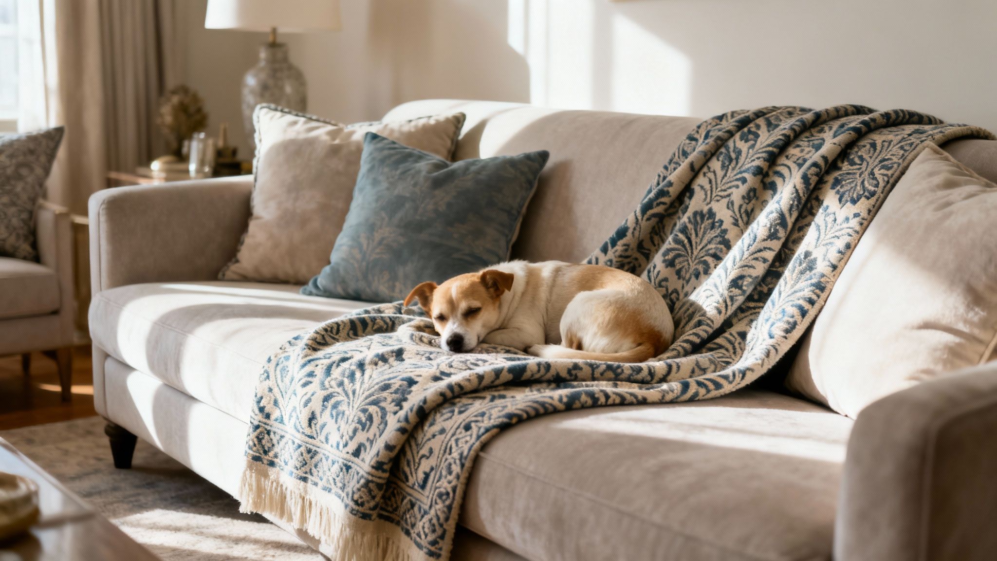A small, light brown and white dog sleeping soundly on a patterned throw blanket on a beige sofa.