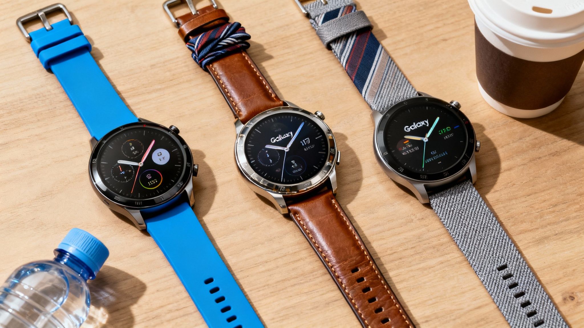 Three Galaxy smartwatches with various straps, a water bottle, and a coffee cup on wood.