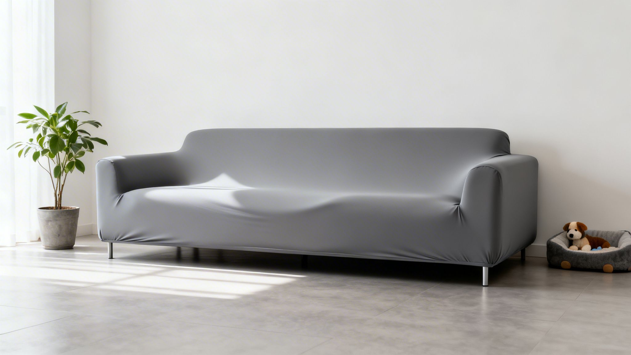 A minimalist living room with a grey slipcovered sofa, a potted plant, and a dog bed.
