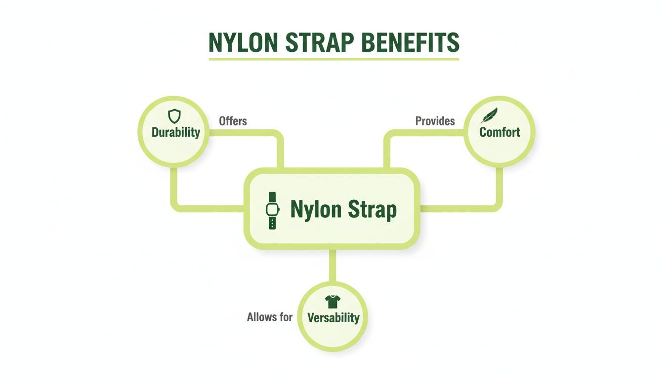 A diagram illustrating the benefits of a nylon strap, including durability, comfort, and versatility for watches.