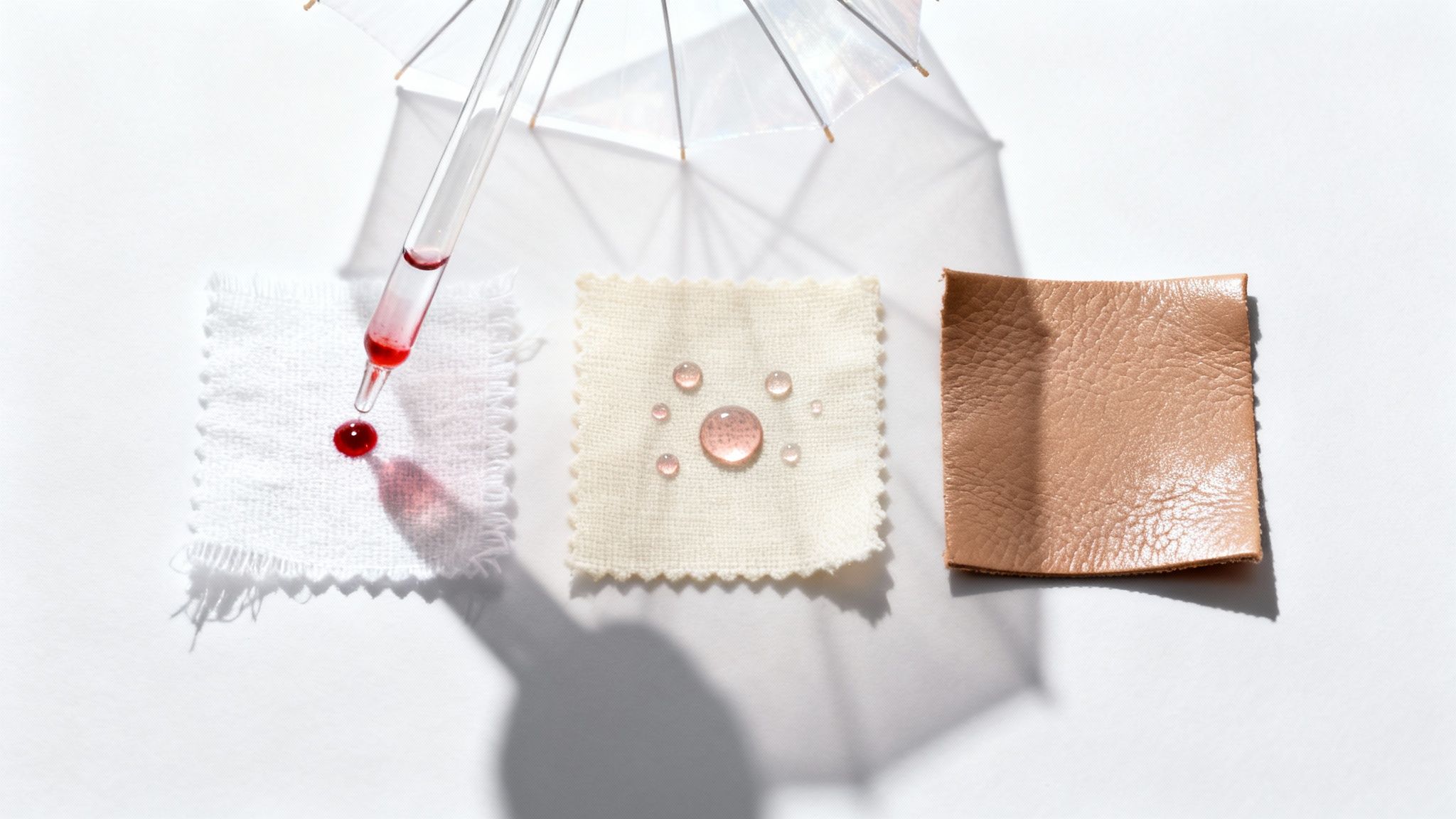 Fabric swatches, including white and beige cloth with liquid droplets, and brown leather, under a mini umbrella.