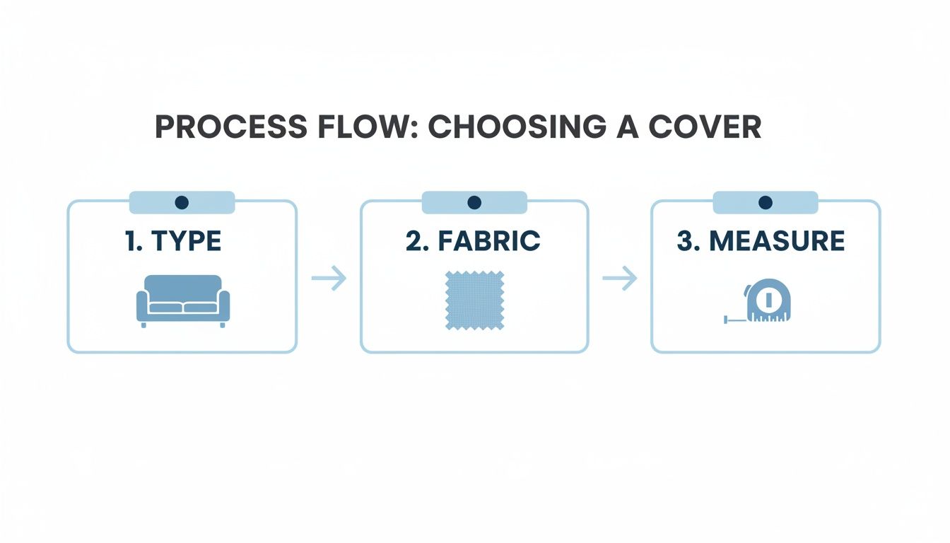 A three-step process flow illustrating how to choose a cover: Type, Fabric, and Measure, with corresponding icons.