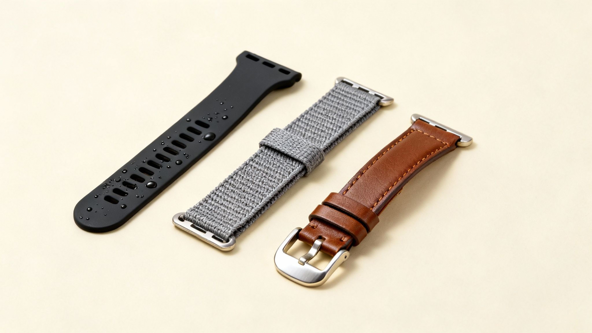 Three diverse watch straps: black silicone, grey fabric, and brown leather, displayed on a light background.