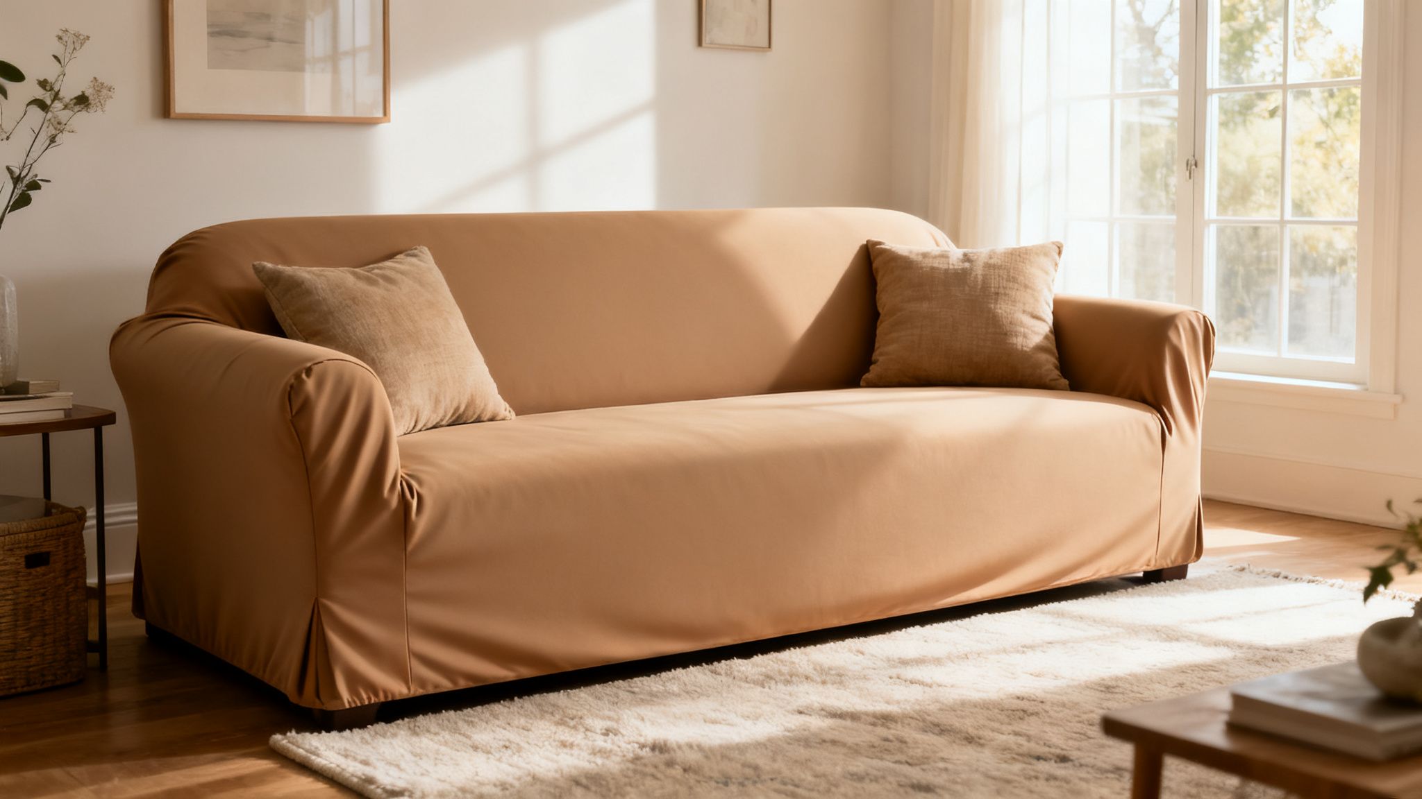 A comfortable light brown slipcover on a sofa with two matching pillows in a sunlit living room.