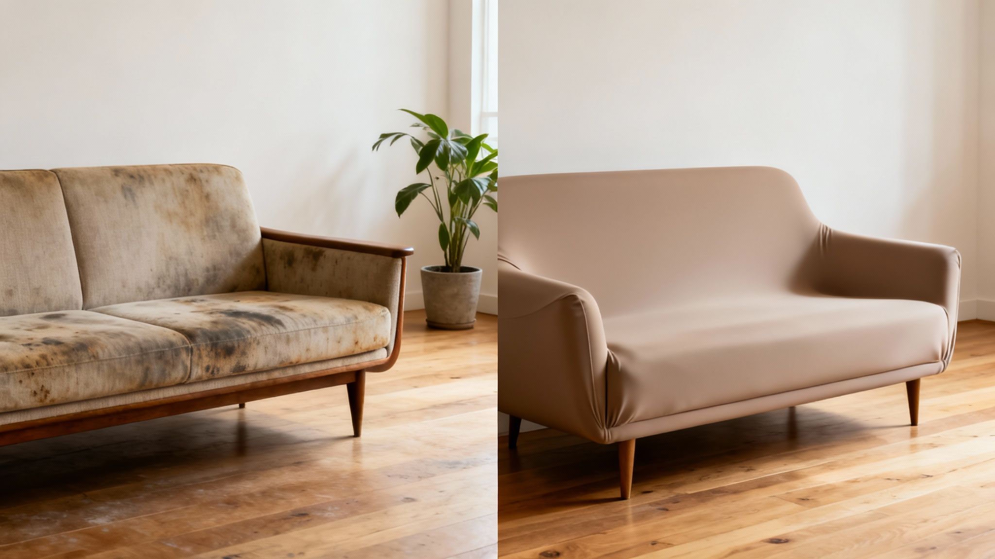 A before-and-after image of an old, stained sofa covered with a new, clean seat cover.