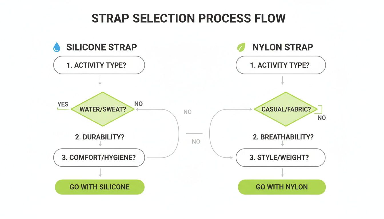 A flowchart guiding the selection between silicone and nylon straps based on activity type and properties.