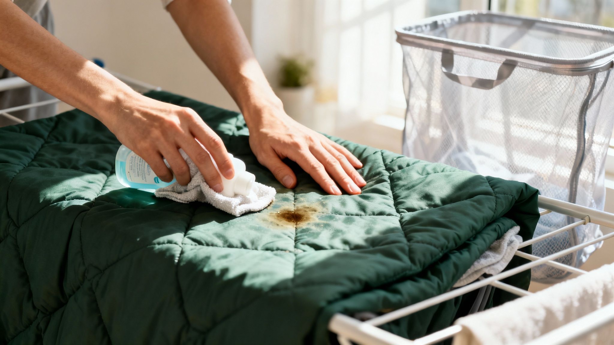 Hands cleaning a dark stain on a dark green quilted cover with a cloth and cleaner.