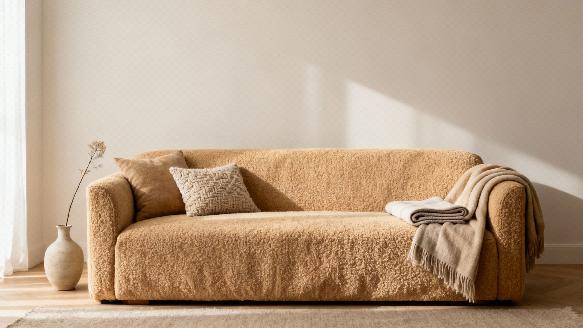Minimalist living room featuring a warm boucle sofa, decorative pillows, a throw, and a vase.