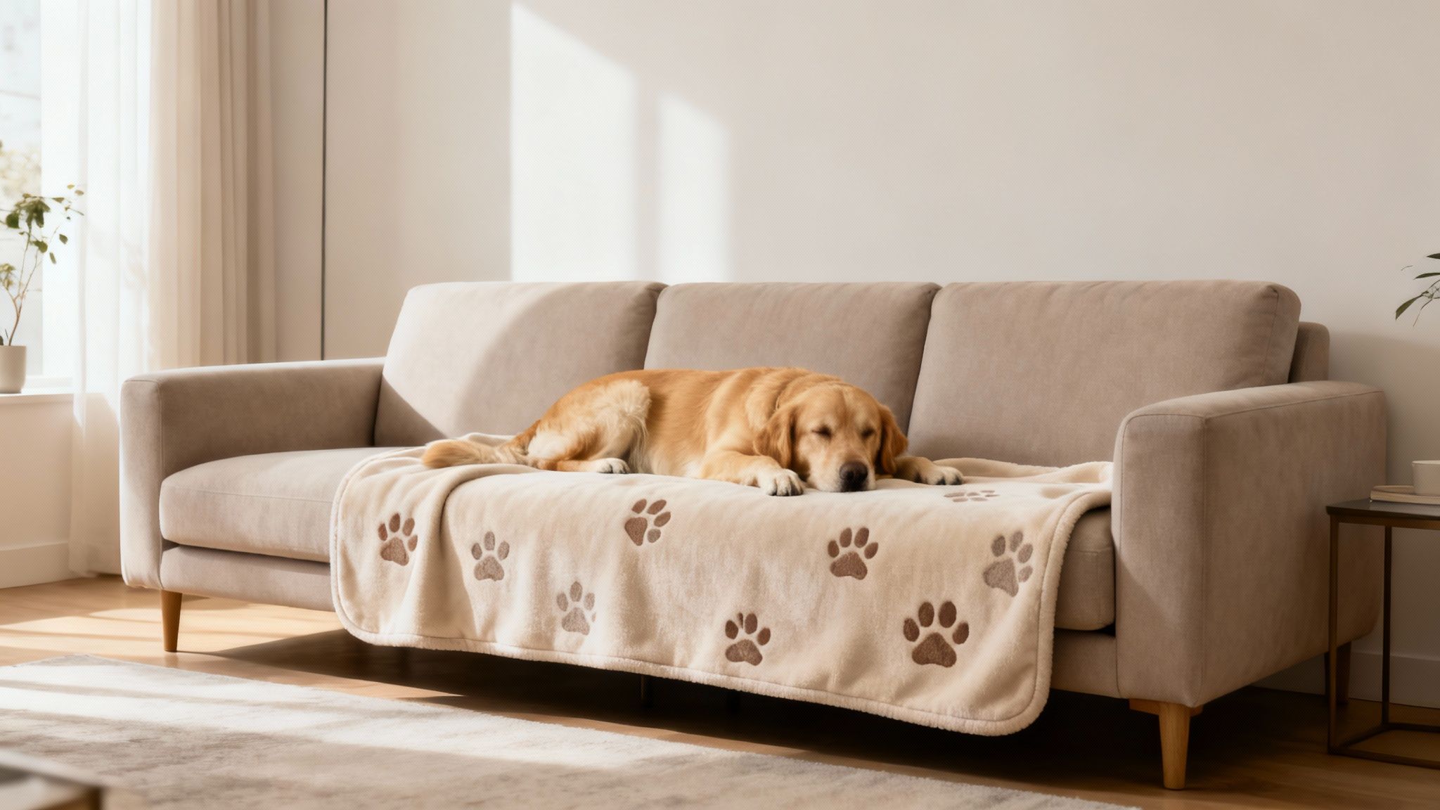 A golden retriever dog is comfortably sleeping on a beige couch with a paw-print blanket.