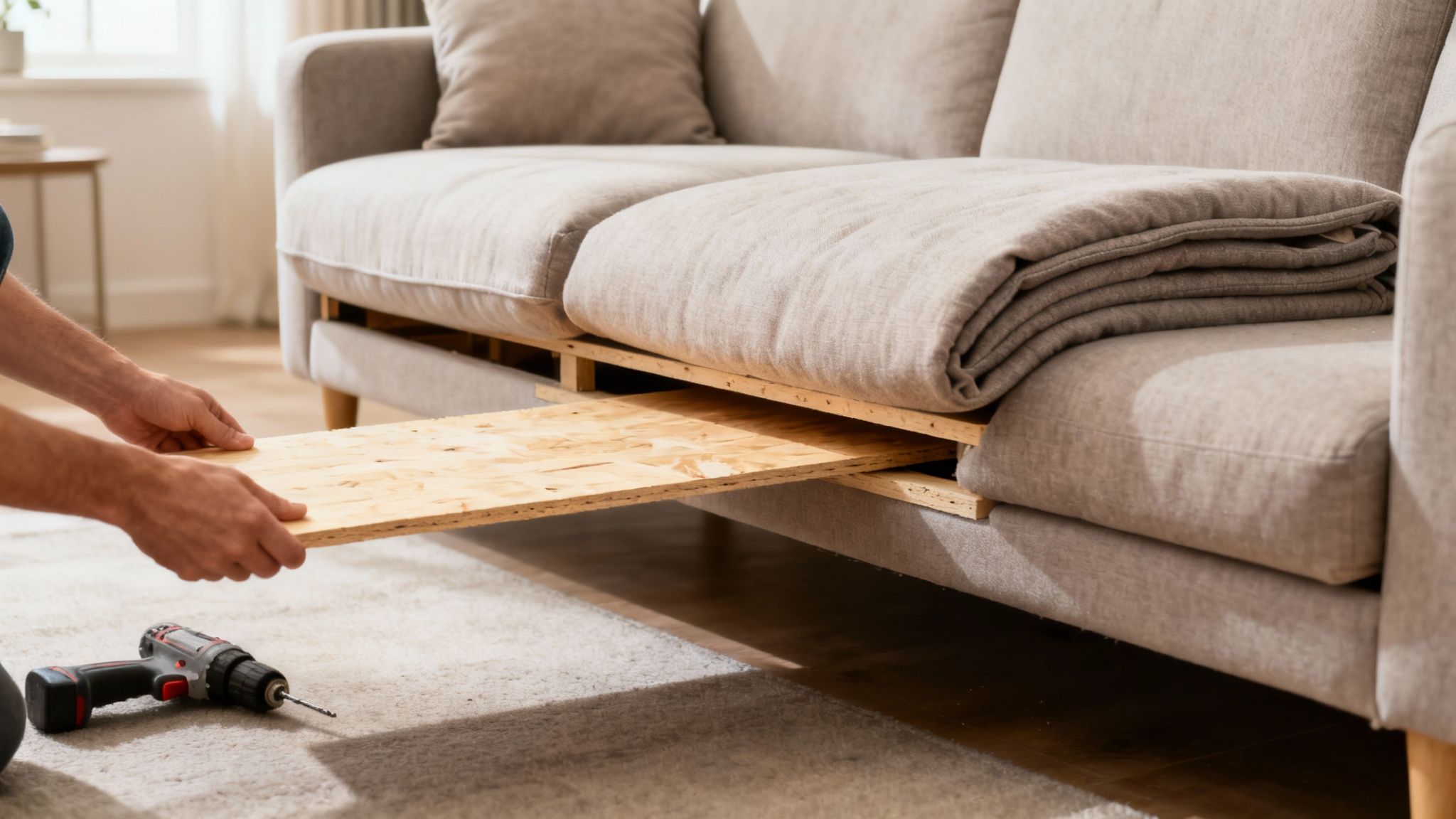 Hands installing a wooden board into the frame of a beige sofa, with a drill on the floor.