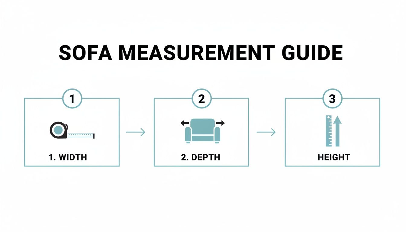 Diagram showing a 3-step guide for measuring a sofa's width, depth, and height.