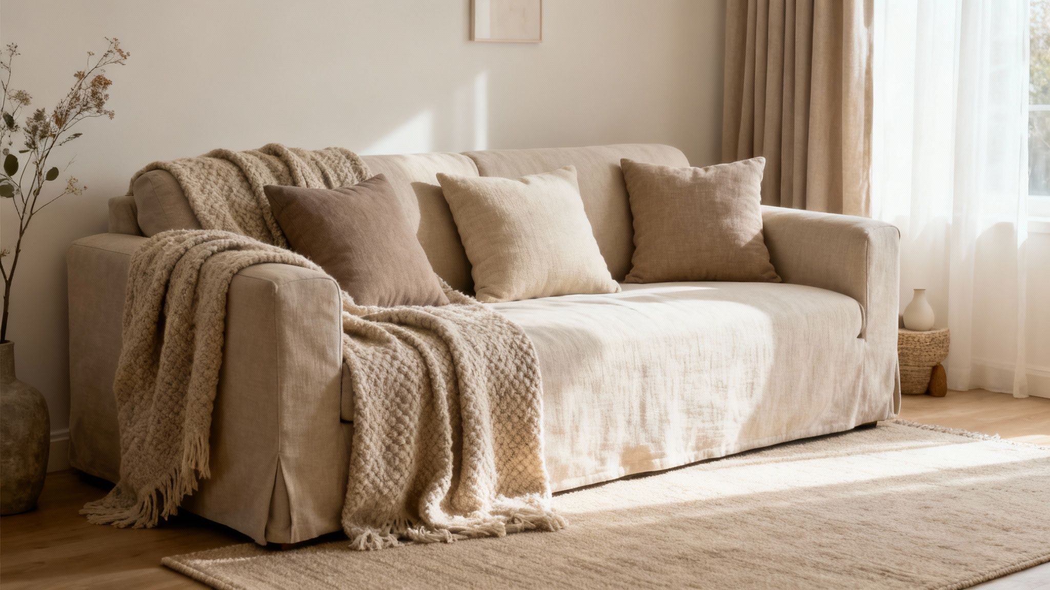 A cozy living room with a neutral-toned sofa, several throw pillows, a textured blanket, and bright natural light.