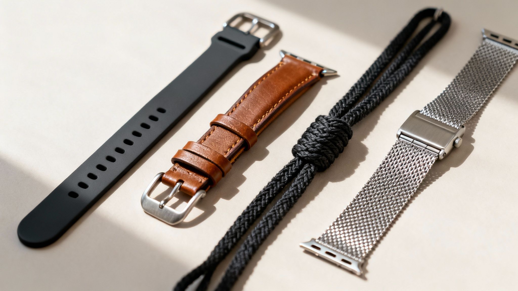 A flat lay of four different watch bands: black silicone, brown leather, black braided, and silver mesh.