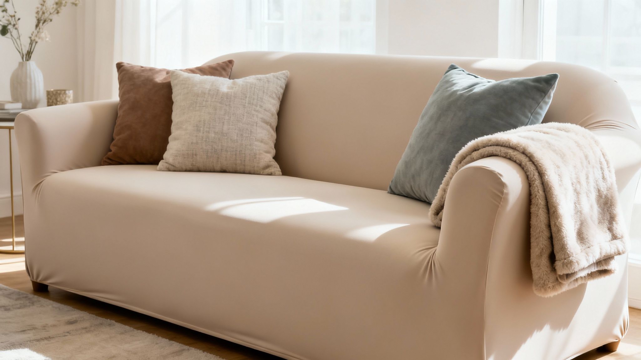 A light beige sofa with three throw pillows and a cozy blanket draped over the armrest in a sunlit living room.