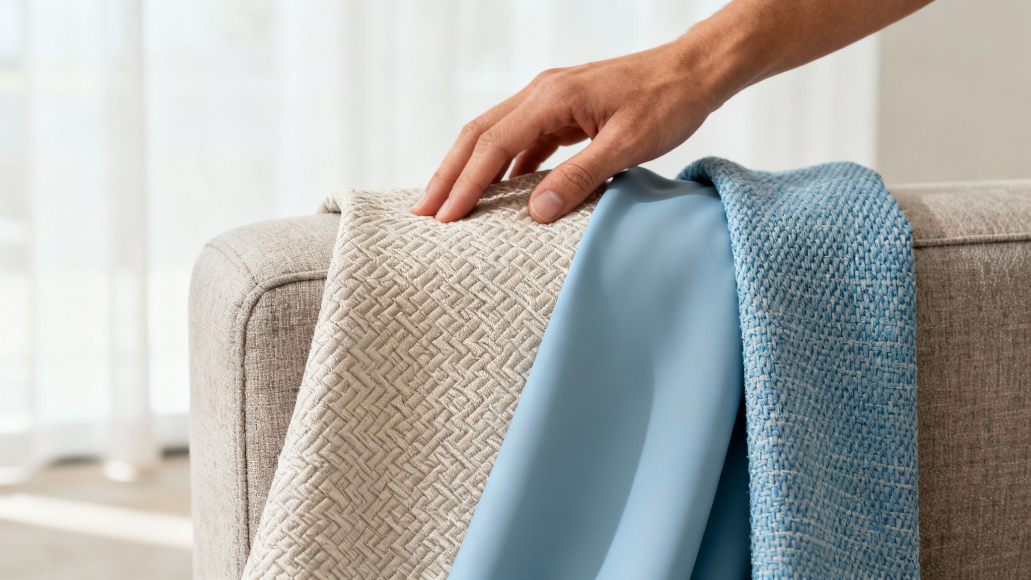 La main d'une personne touchant divers échantillons de tissu beige et bleu drapés sur l'accoudoir d'un canapé.