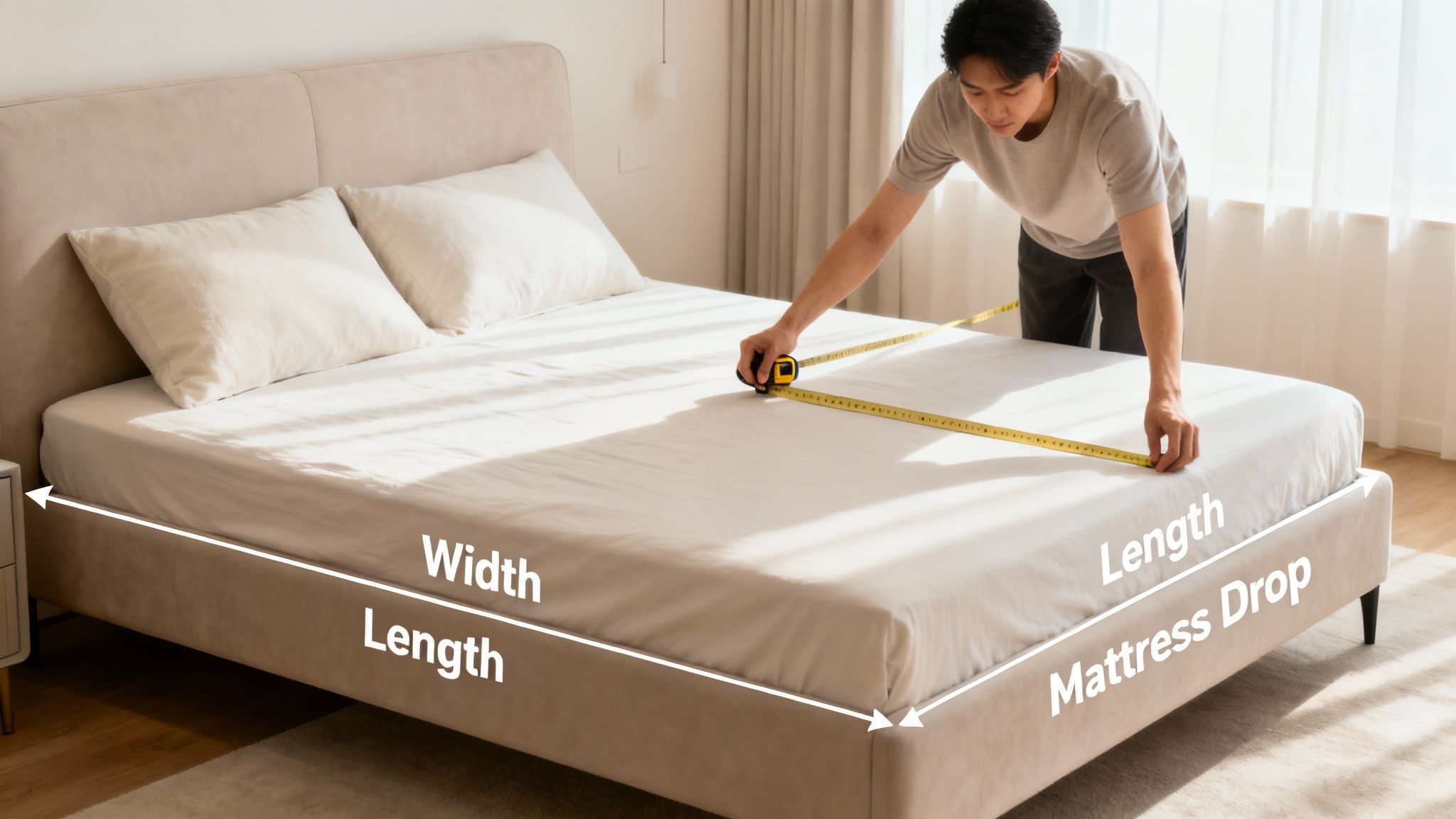 A man measures the length of a queen size bed mattress with a yellow tape measure, showing width and mattress drop labels.
