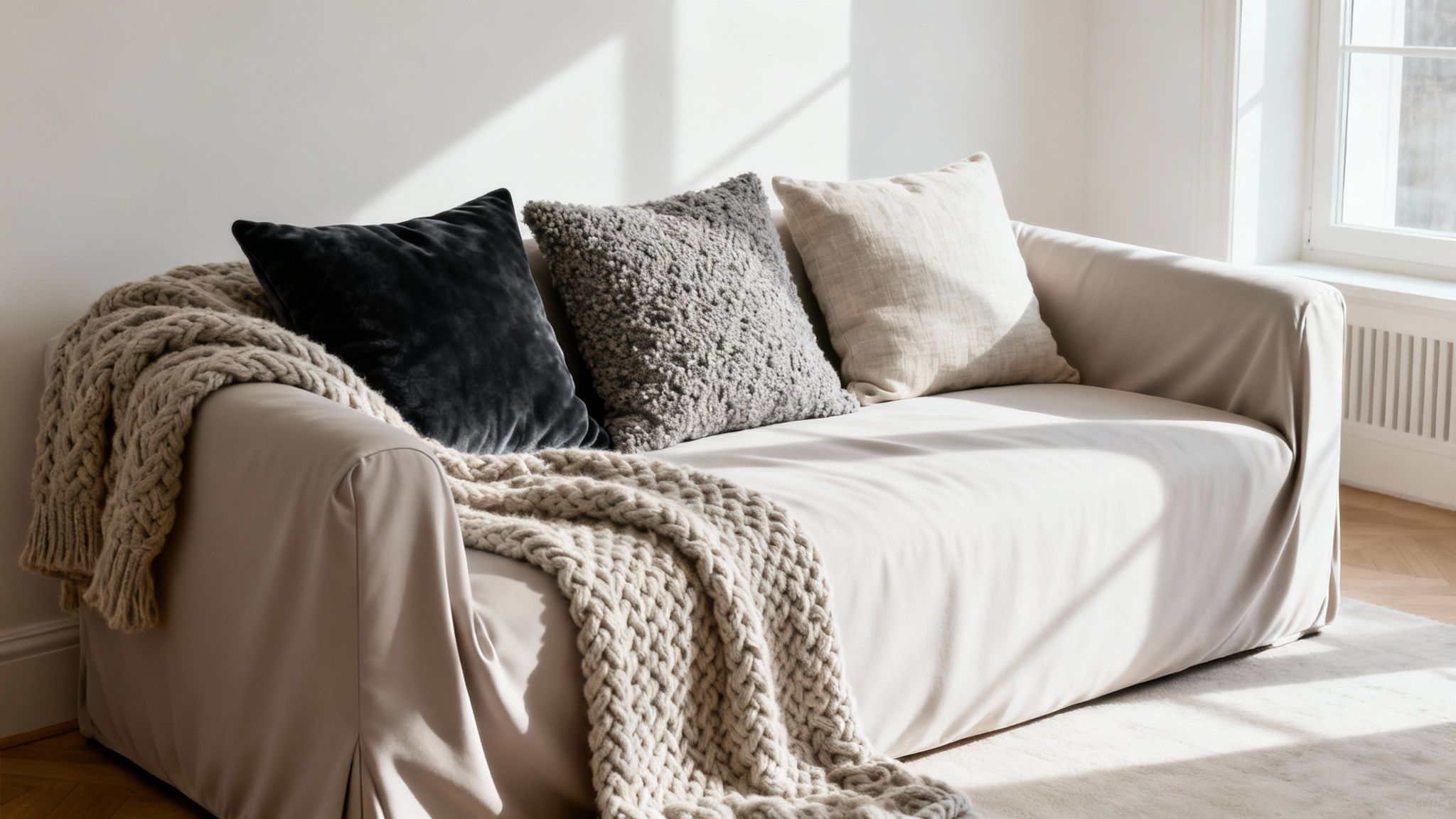 A beige sofa with a chunky knit blanket, dark velvet, boucle, and linen cushions.