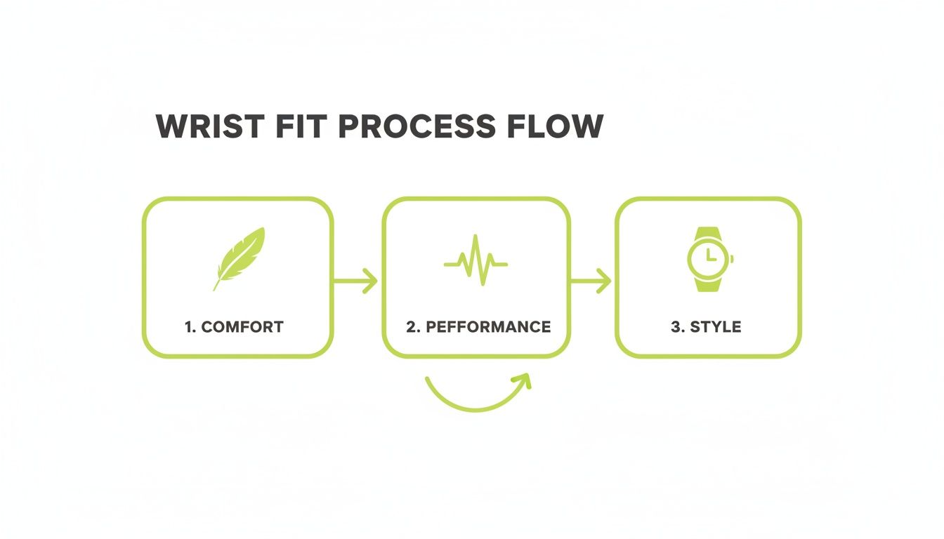 A flowchart detailing the wrist fit process flow, emphasizing comfort, performance, and style.