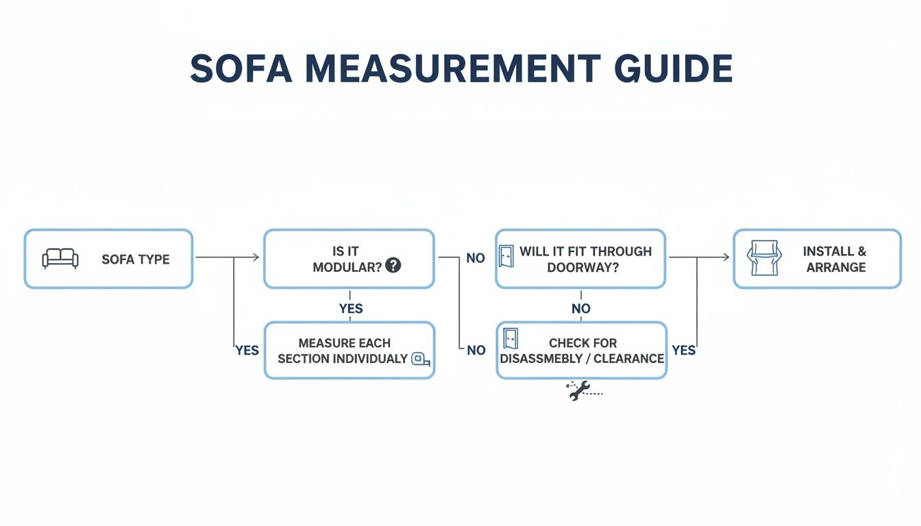 A flowchart guide demonstrating how to measure a sofa for installation and arrangement.