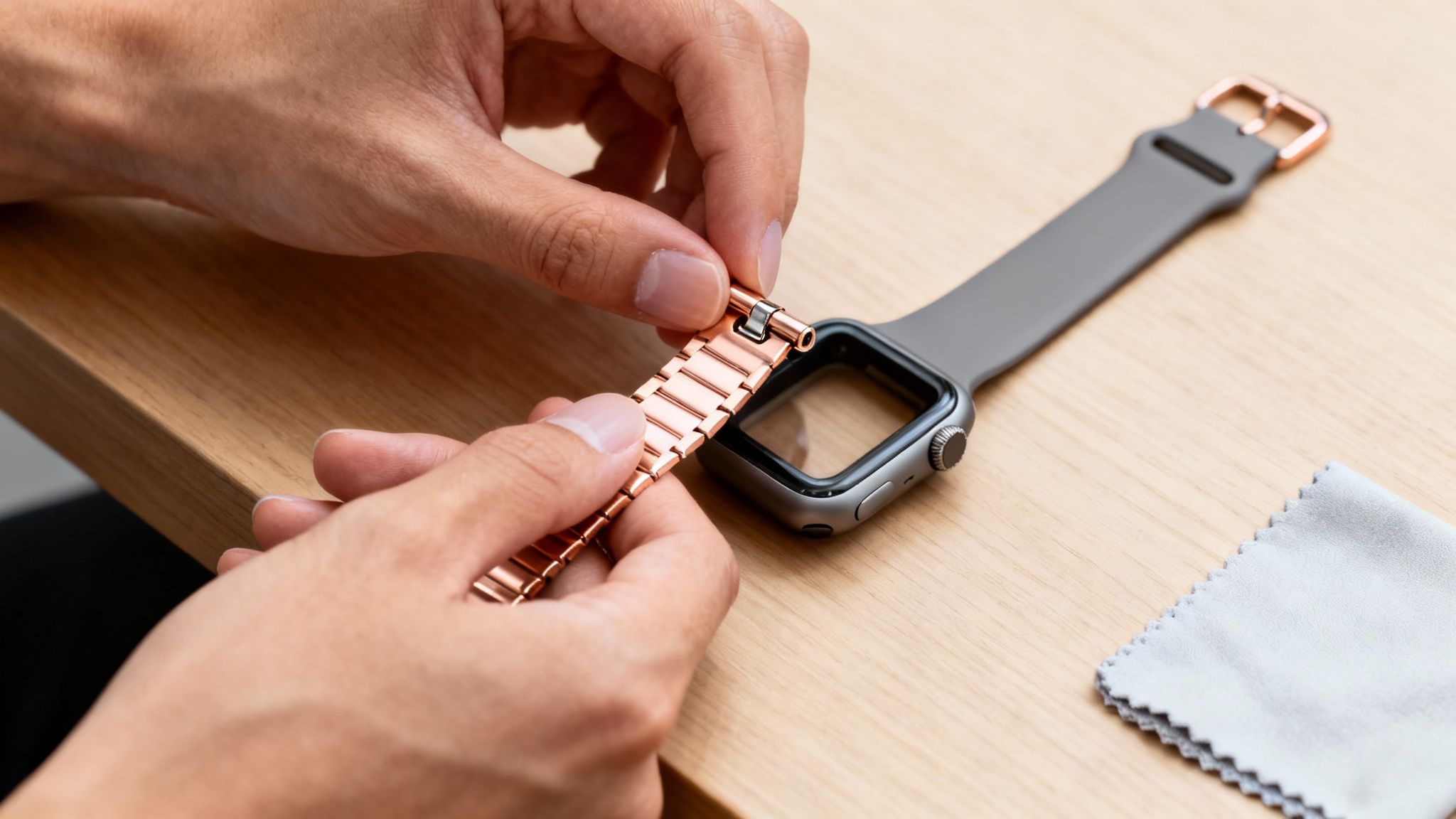 Hands attaching a rose gold metal watch band to an Apple Watch on a wooden table.