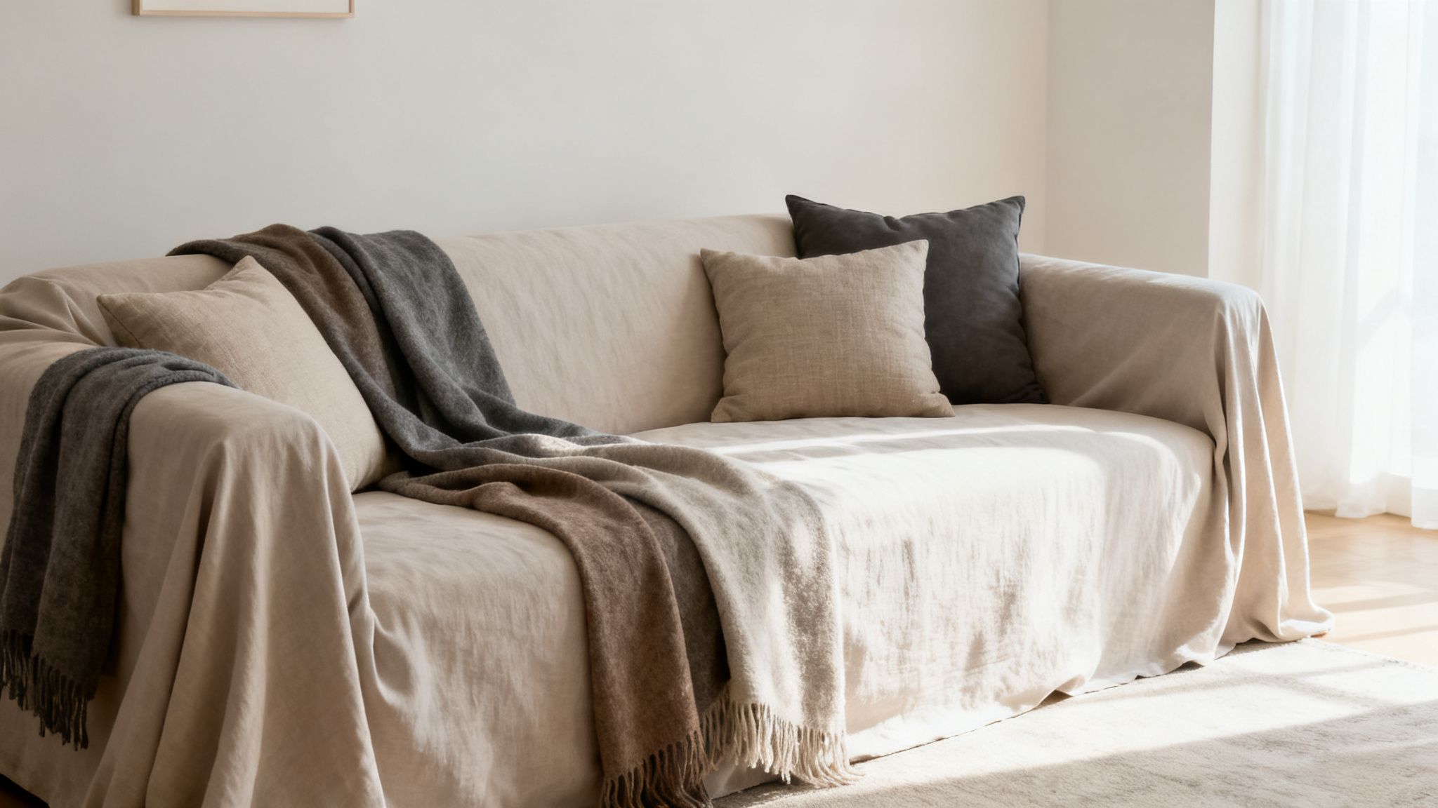A cozy living room sofa covered in a light slipcover with neutral pillows and textured throws.